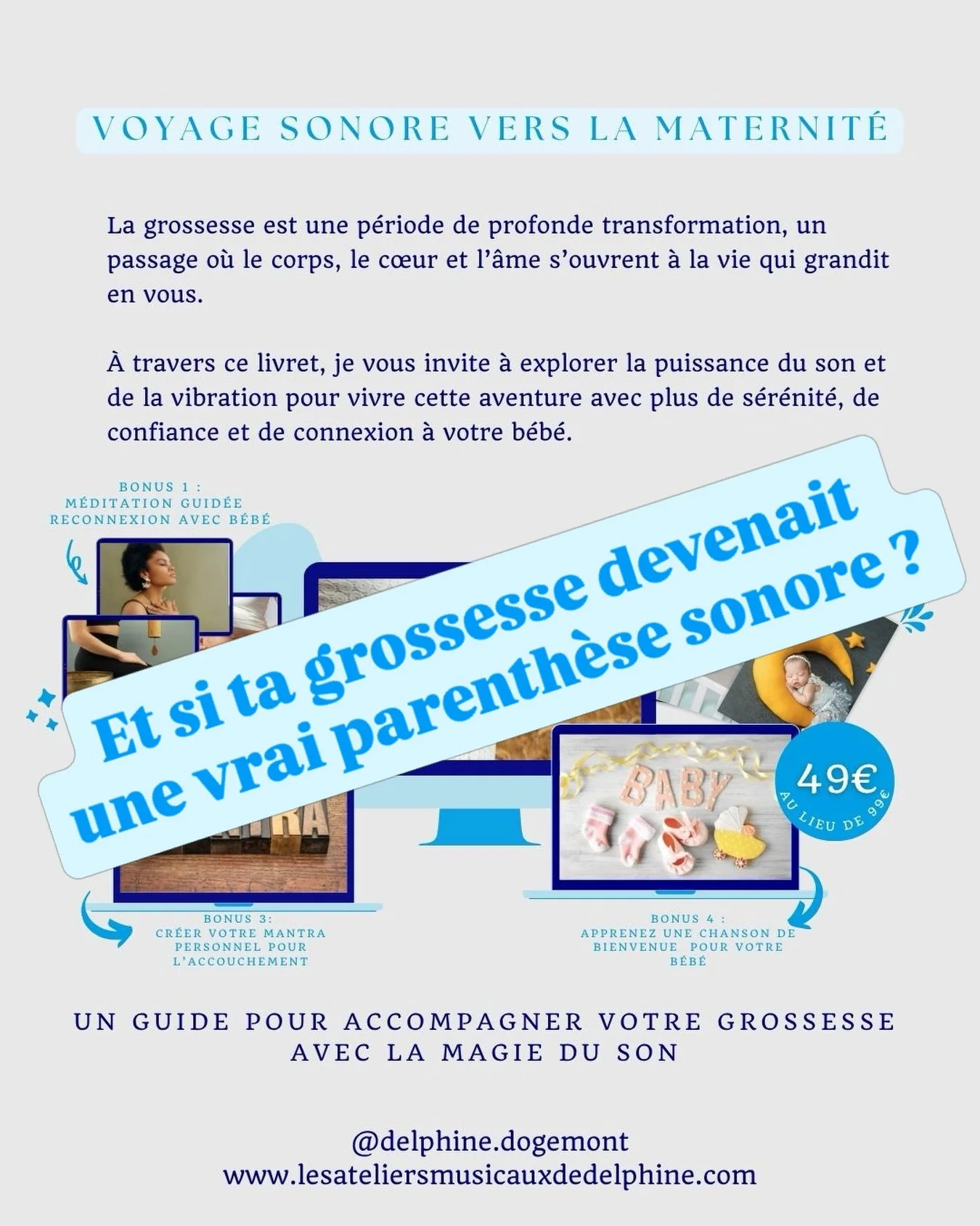 Et si ta grossesse devenait une vraie parenth&egrave;se sonore ? 🎶 

🩵 Livret PDF, 
🩵 4 modules (l&acirc;cher-prise, connexion &agrave; b&eacute;b&eacute;, pouvoir des sons et vibrations, rituel de passage), 
🩵 M&eacute;ditations audio, sons de b