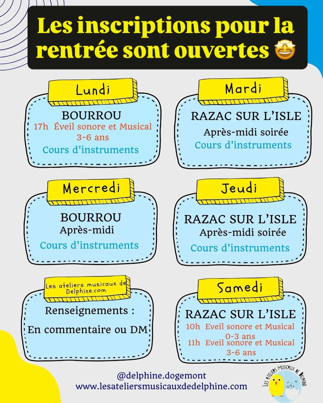Les inscriptions pour la rentr&eacute;e sont ouvertes 🎒 

Ateliers d&rsquo;&eacute;veil sonore et musical, cours individuels (saxophone, clarinette, fl&ucirc;te, piano, ukul&eacute;l&eacute;), 

Les places se prennent vite en septembre. !! 

DM-moi 