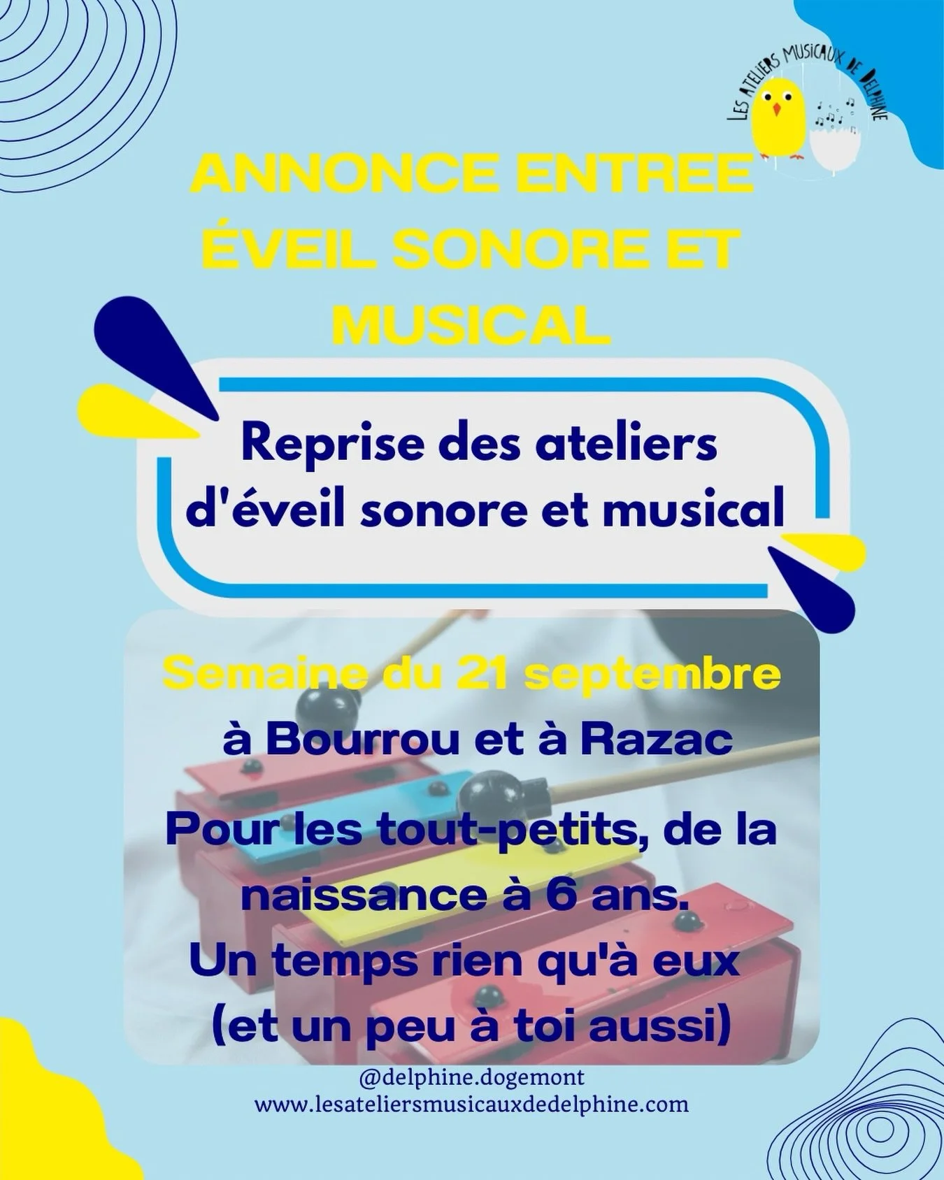 Les ateliers d&rsquo;&eacute;veil sonore et musical reprennent la semaine du 21 septembre !

&Agrave; Bourrou et &agrave; Razac, pour les tout-petits de la naissance &agrave; 6 ans.

Un temps rien qu&rsquo;&agrave; eux &mdash; et un peu &agrave; toi 