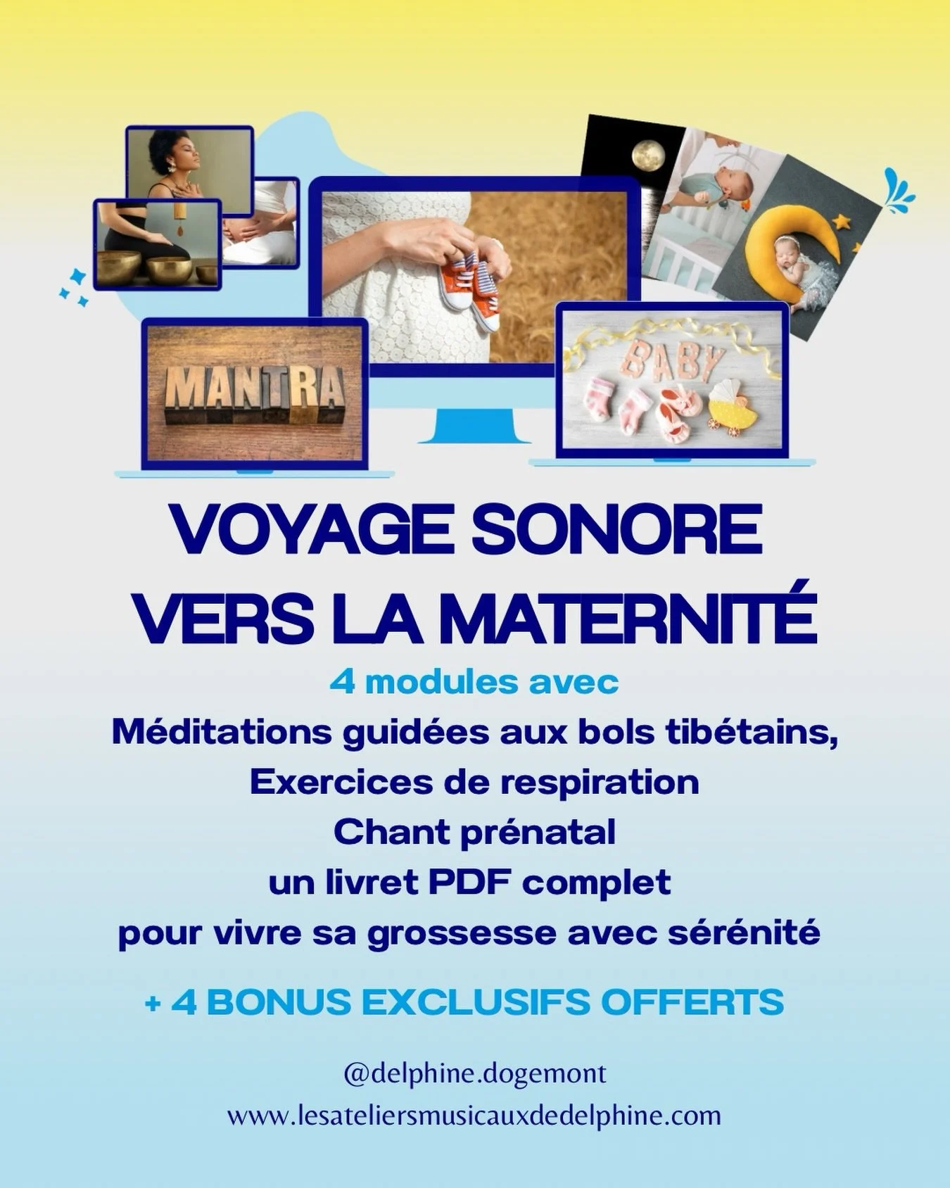 🌙 Le Voyage Sonore vers la maternit&eacute; est ouvert.

4 modules pour vivre ta grossesse avec s&eacute;r&eacute;nit&eacute; :

🎐 M&eacute;ditations guid&eacute;es aux bols tib&eacute;tains
🌬️ Exercices de respiration
🎶 Chant pr&eacute;natal
📖 