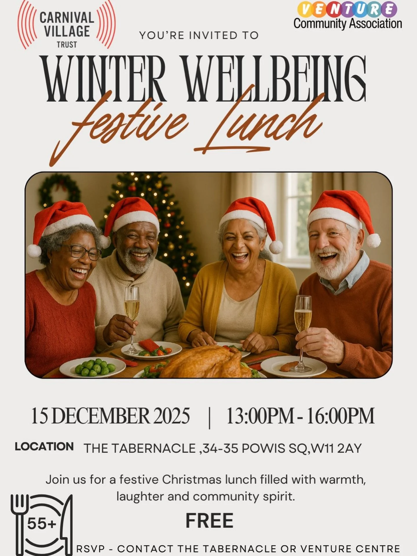 Winter Wellbeing, Warmth &amp; Togetherness 🎄
This Monday we&rsquo;re hosting a special Festive Lunch for our elders bringing joy, good food, and community spirit!

📍The Tabernacle
🕐 1&ndash;4PM
🎅🏽 RSVP with The Tabernacle or Venture Centre