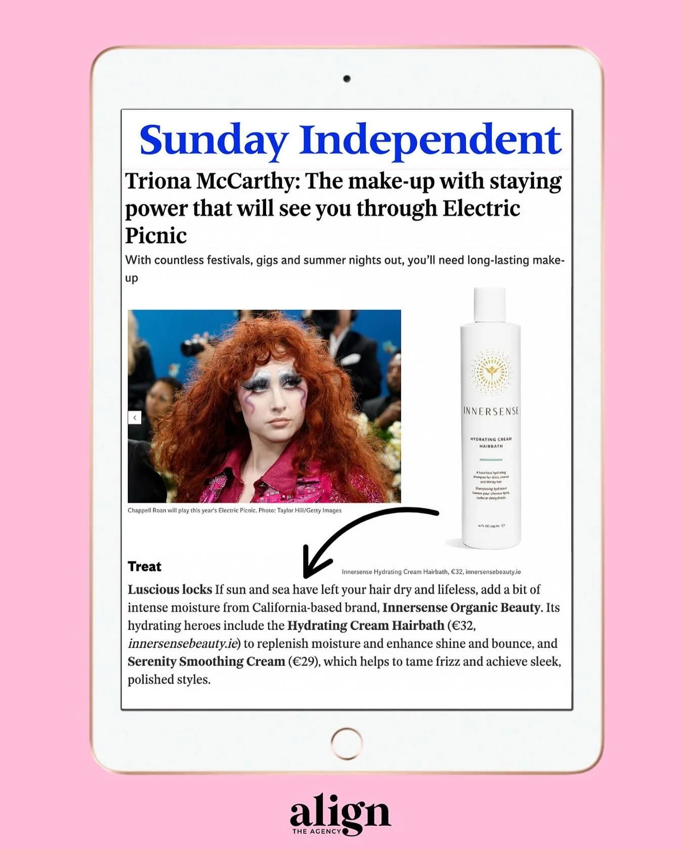 🫧 Spotted 🫧

The @innersenseorganicbeauty Hydrating Cream Hairbath was featured in @triona.ie &lsquo;s fabulous @independent.ie piece for the run up to the iconic @epfestival 🎡🇮🇪

Luscious locks! If sun and sea have left your hair dry and lifele