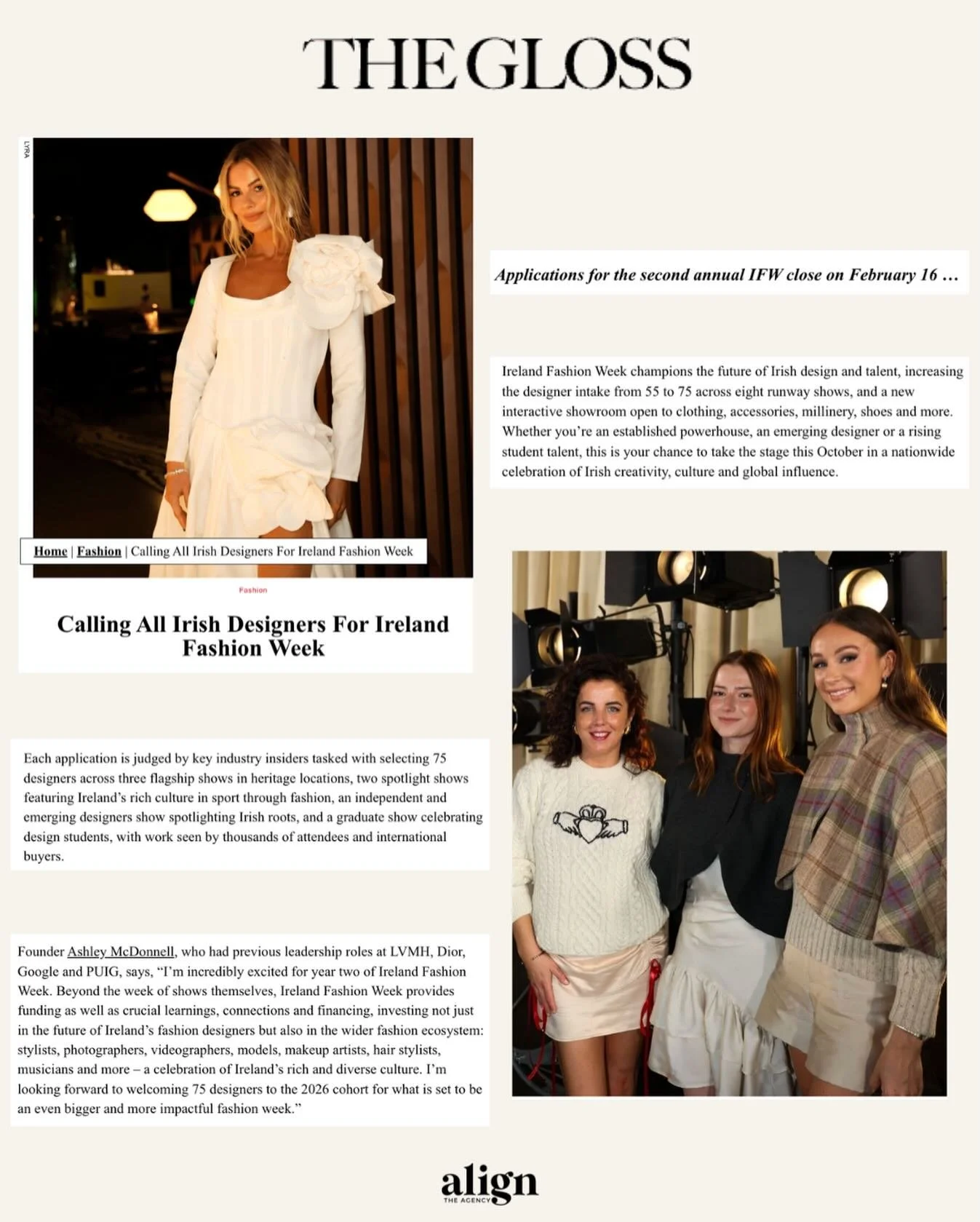 Fantastic to see the fabulous @theglossmag spreading the word on Ireland Fashion Week 2026 applications - we are so excited! 🪩✨

Applications for @irelandfashionweek Designers are now closed!