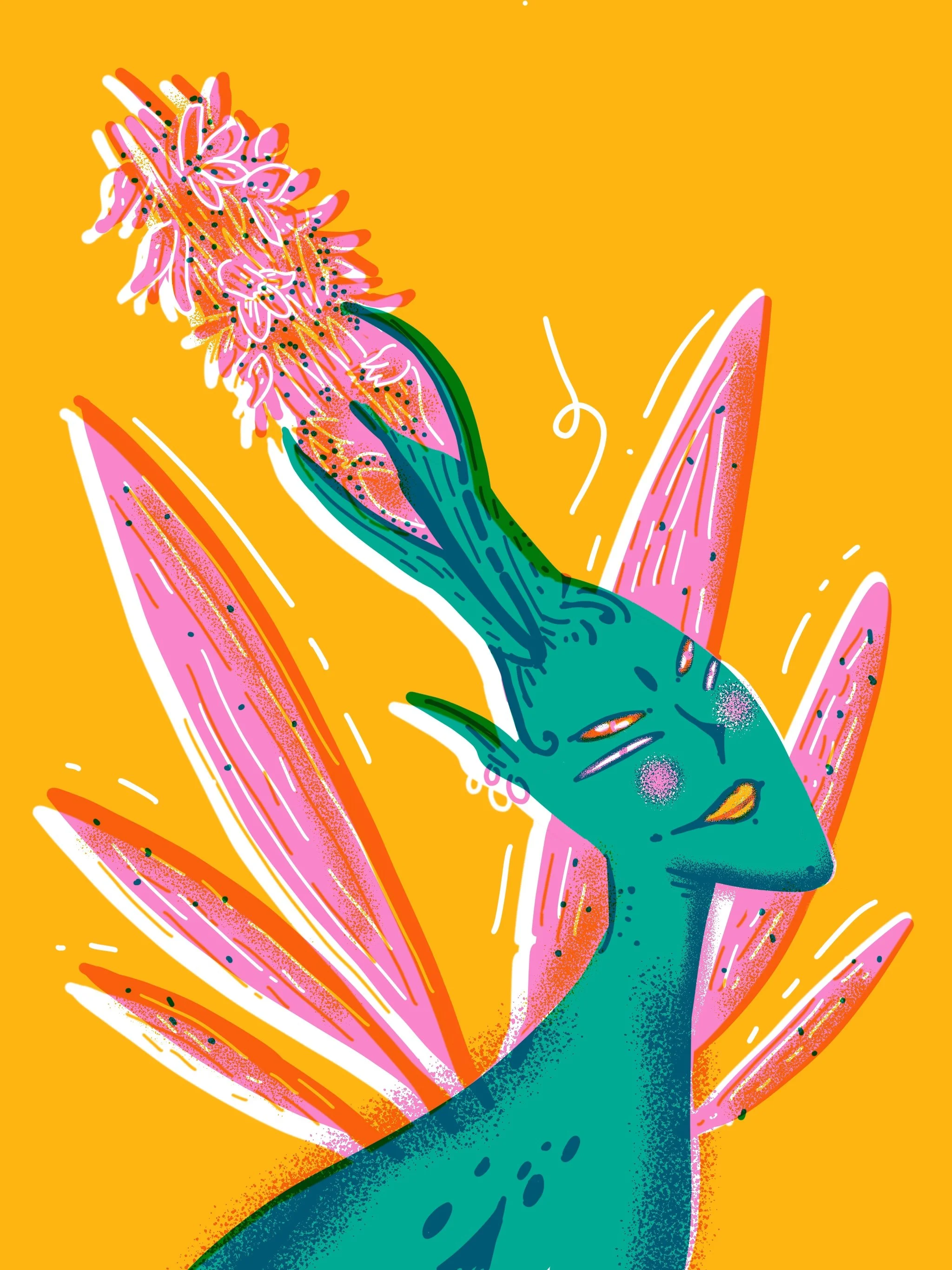 Digital illustration of a green humanoid figure with pink leaves and a pink flower on its head, set against a yellow background.