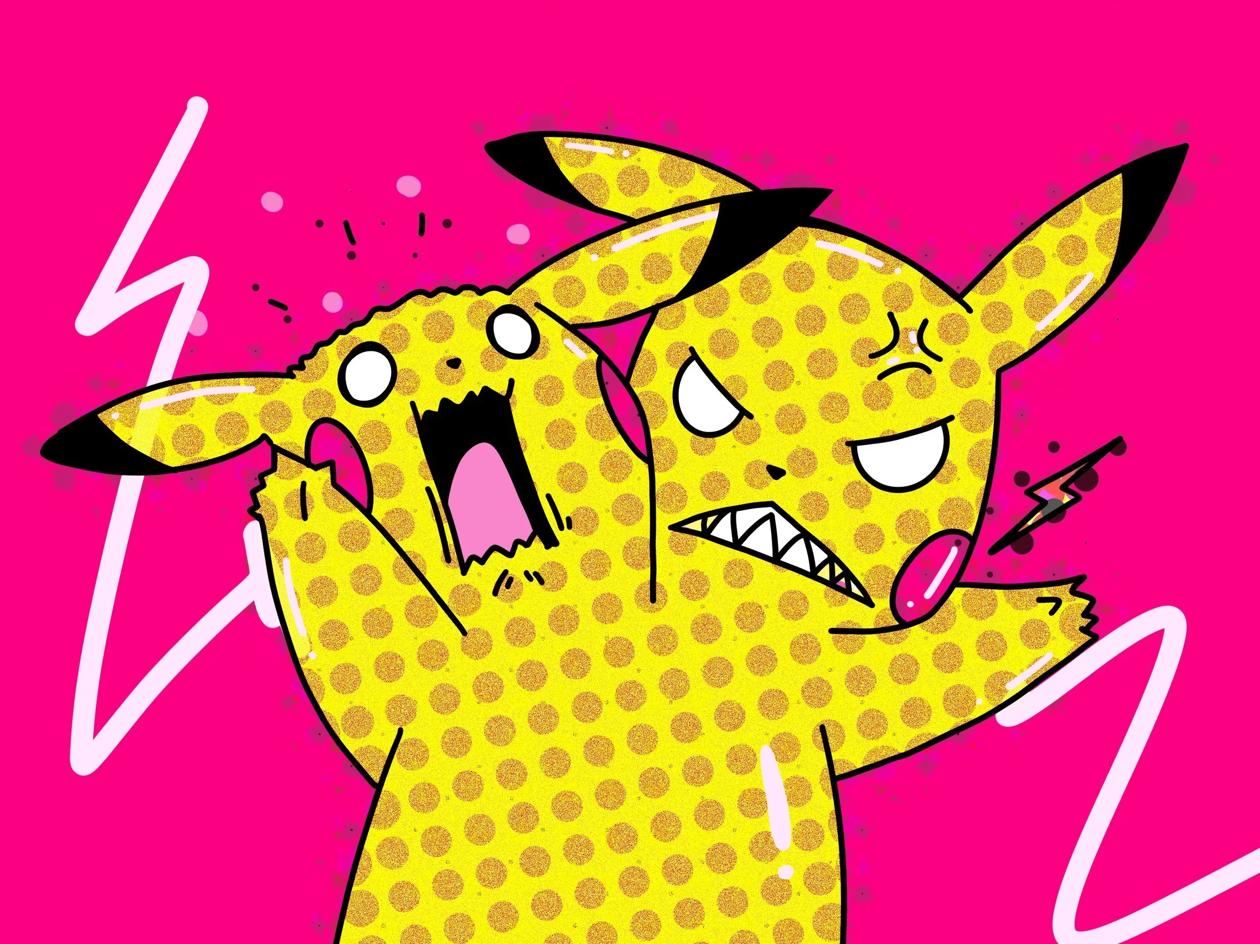 Pop art style illustration of Pikachu, the Pokémon, with an aggressive expression, shouting with wide eyes, sharp teeth, and lightning symbols, on a bright pink background with white and black accents.