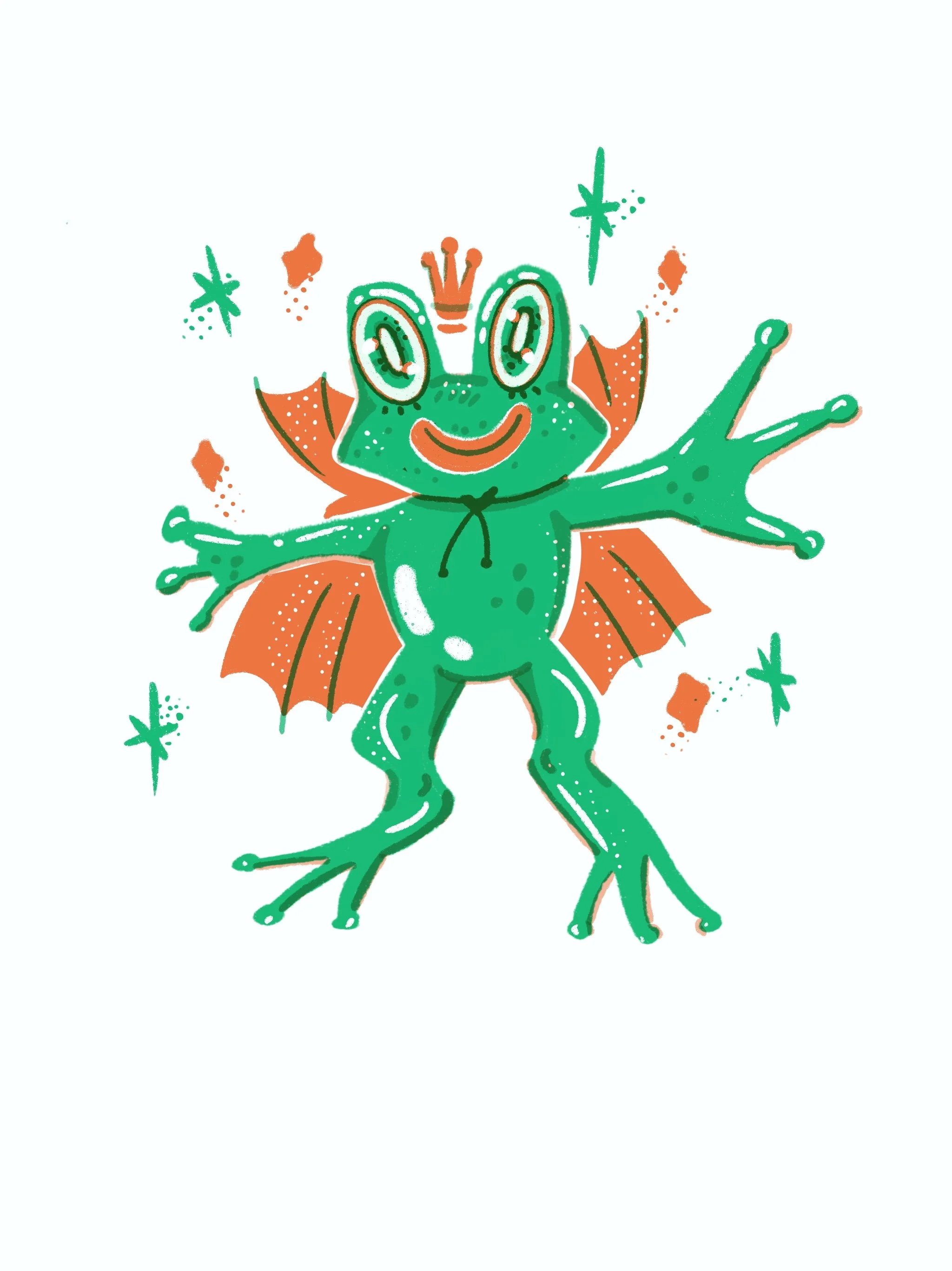 Cartoon frog with orange wings wearing a crown and glasses, surrounded by colorful stars and shapes, on a white background.