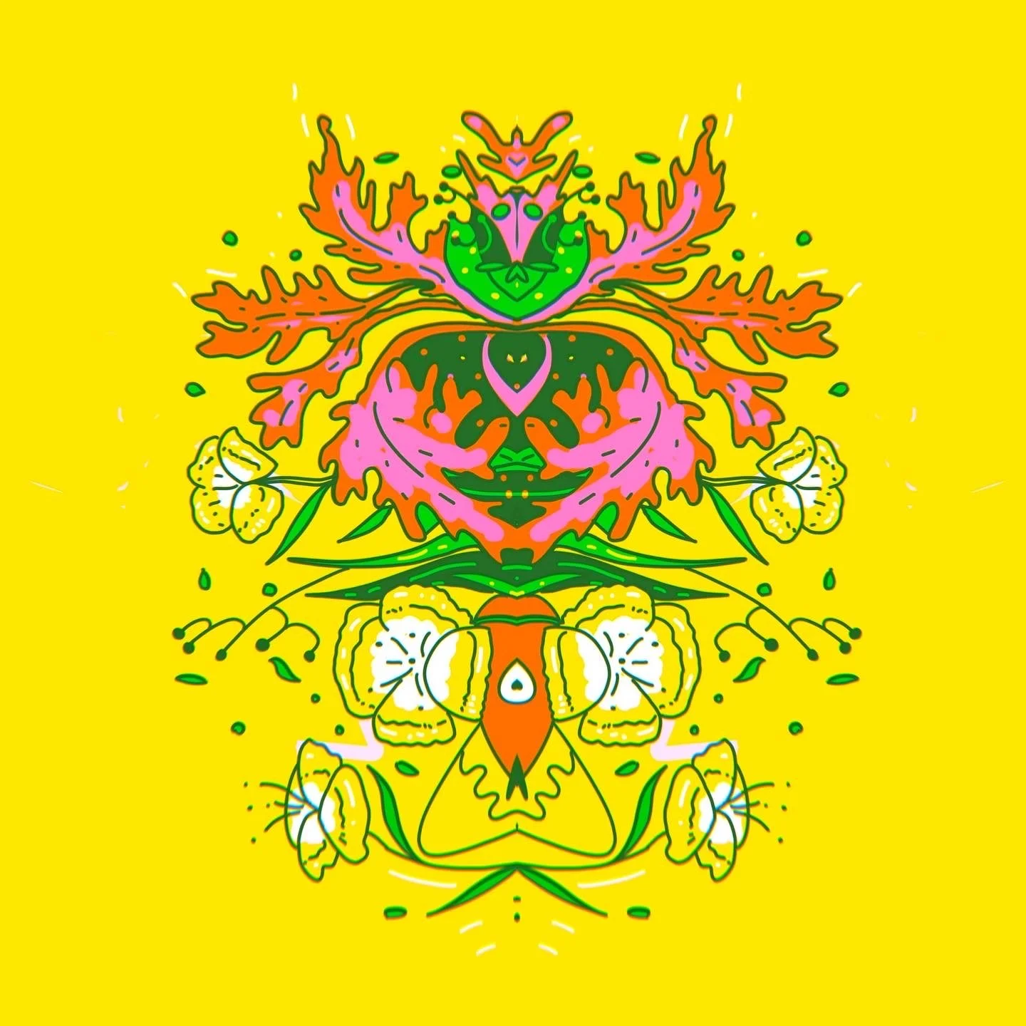 A colorful, abstract symmetrical design resembling a butterfly or a moth with floral and leaf patterns on a yellow background.