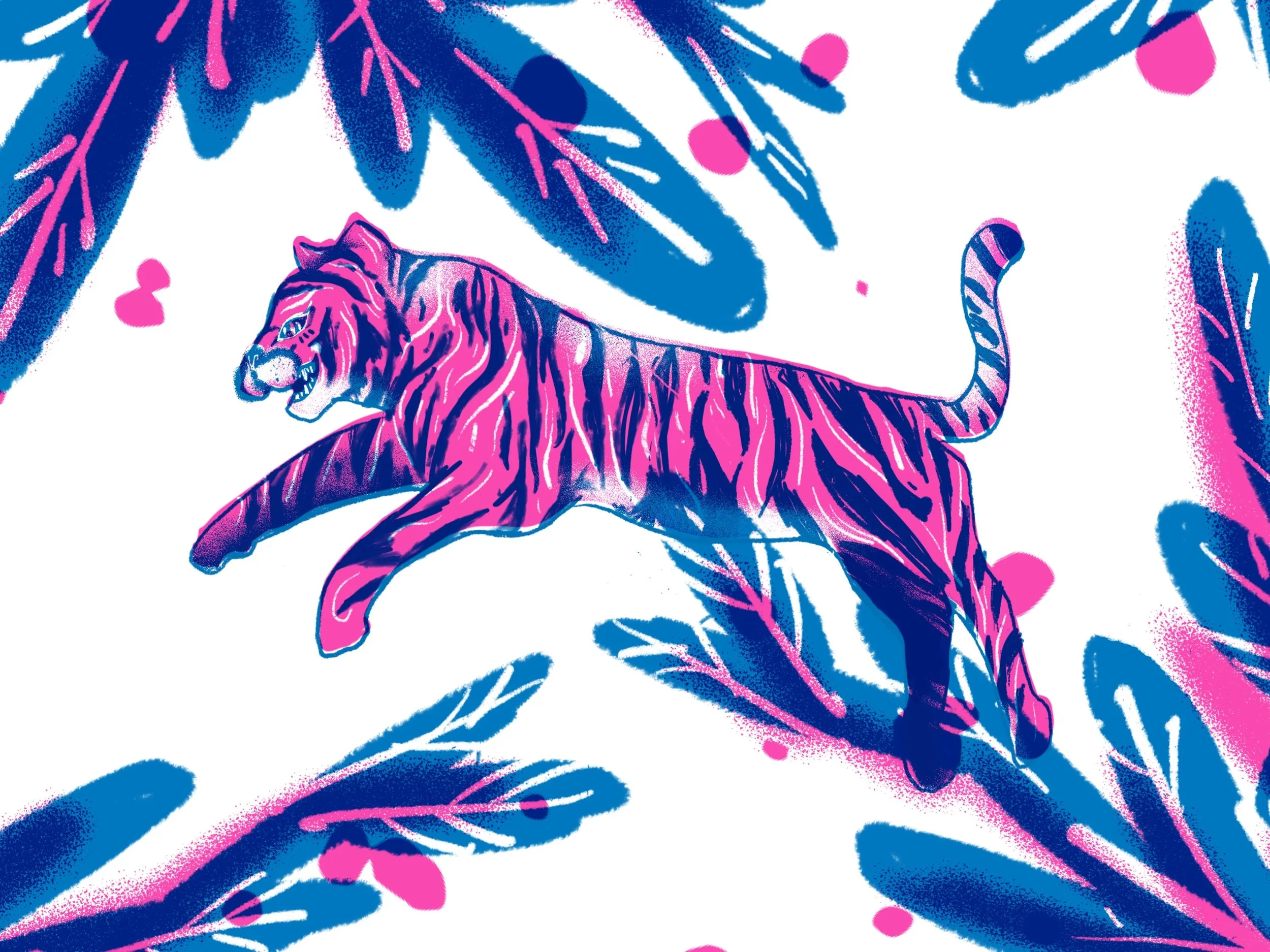 An illustration of a pink and purple tiger running through blue leaves and pink flower petals.