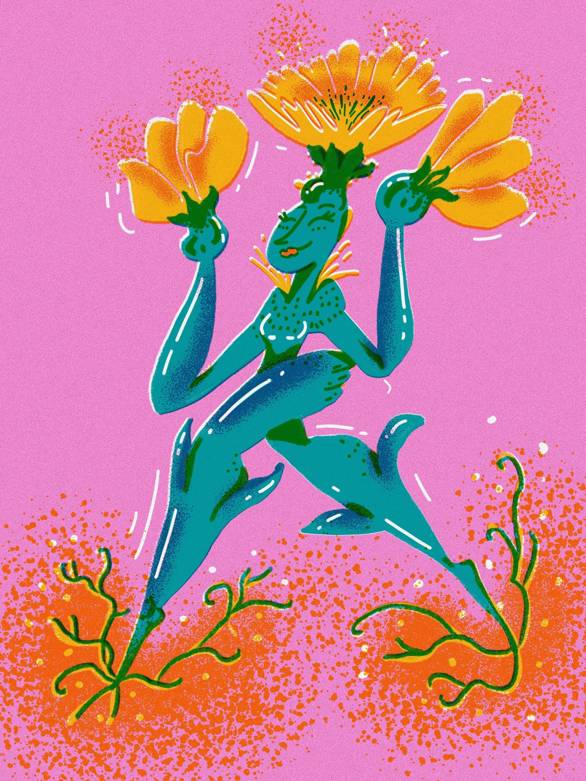 A stylized illustration of a mythical creature with a green body and blue limbs, featuring plant-like features and flowers on its head. The creature has an anthropomorphic face and is set against a pink background with orange and yellow floral elemen