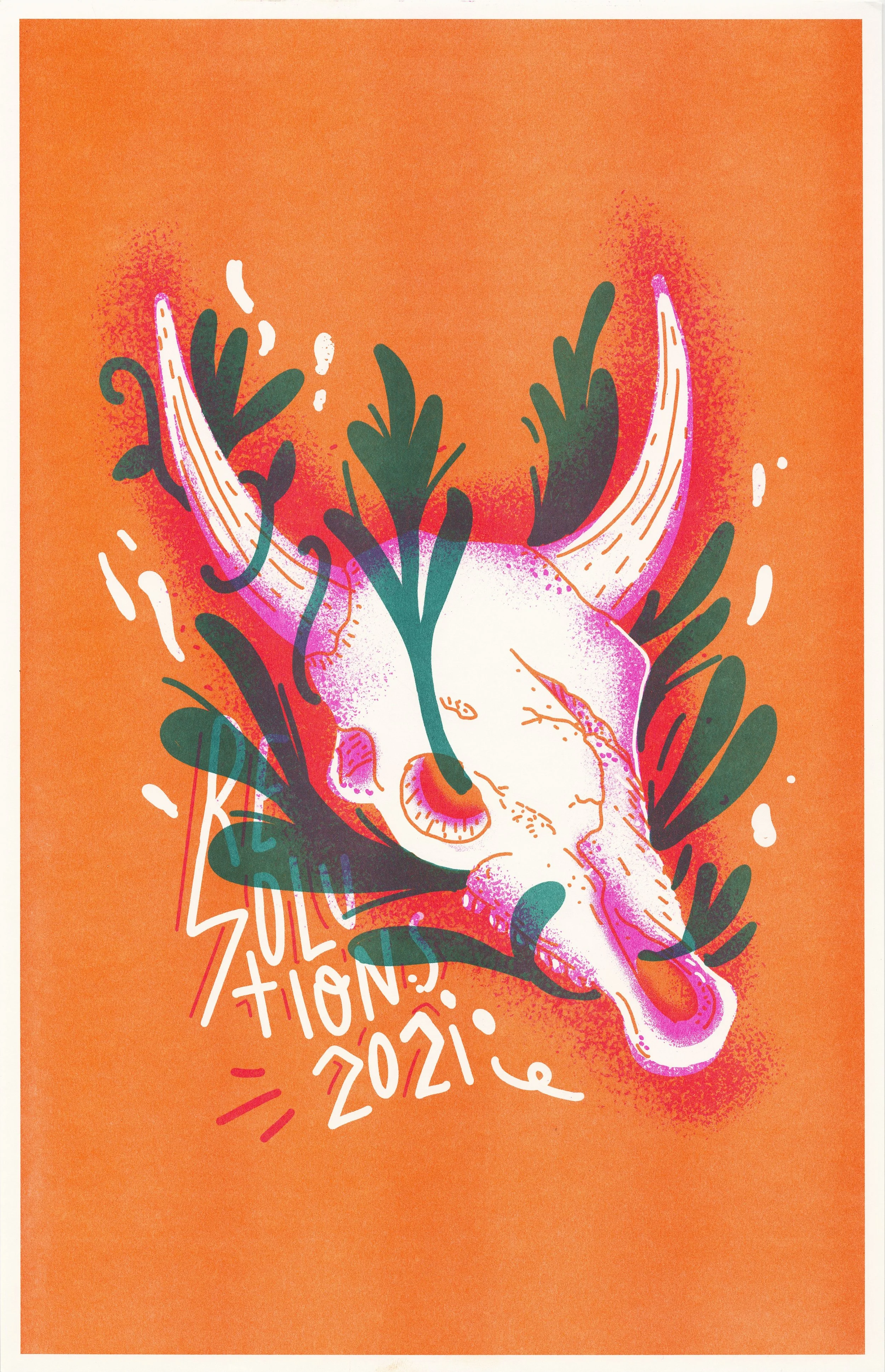 Stylized digital illustration of a skull with antlers and green foliage, with white graffiti and text reading 'SOLAR 2021' on an orange background.