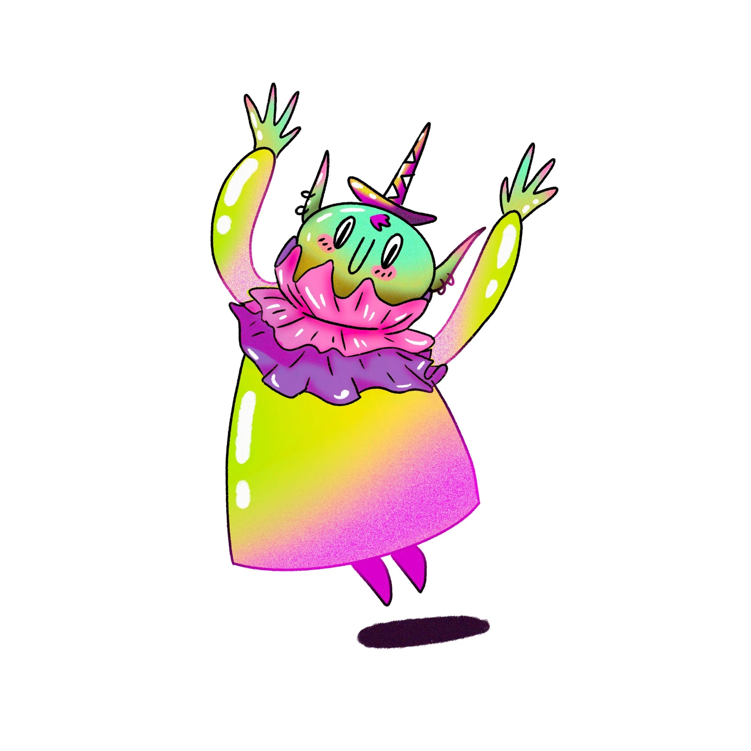A colorful cartoon character with a unicorn horn, dressed in a pink and purple ruffled skirt, raising its arms in a joyful pose, with a shadow underneath.