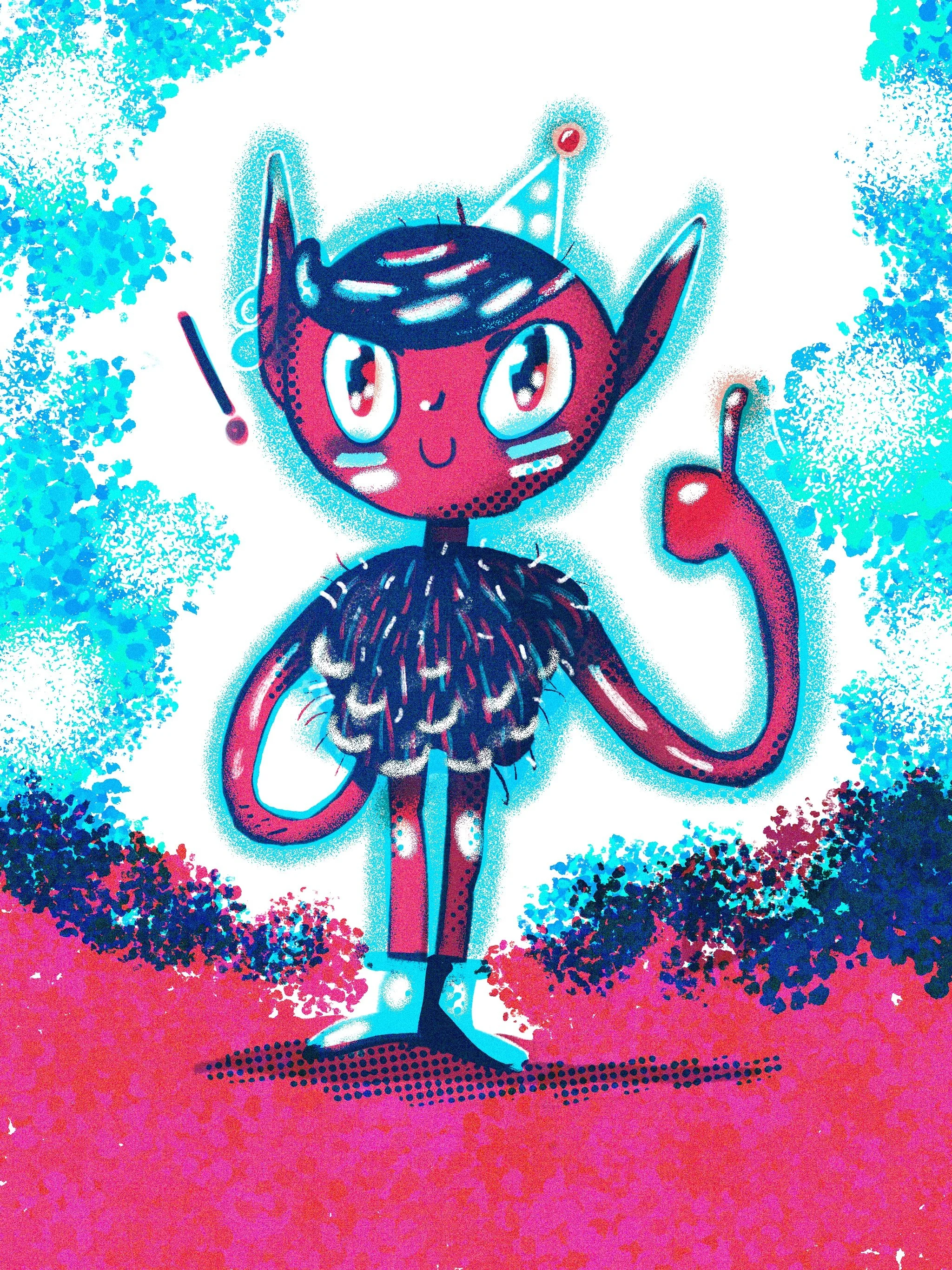 A cartoon fairy with a round head, pointed ears, big eyes, and a cheerful expression, wearing a black feathered dress, standing on a colorful background with blue and pink splashes.