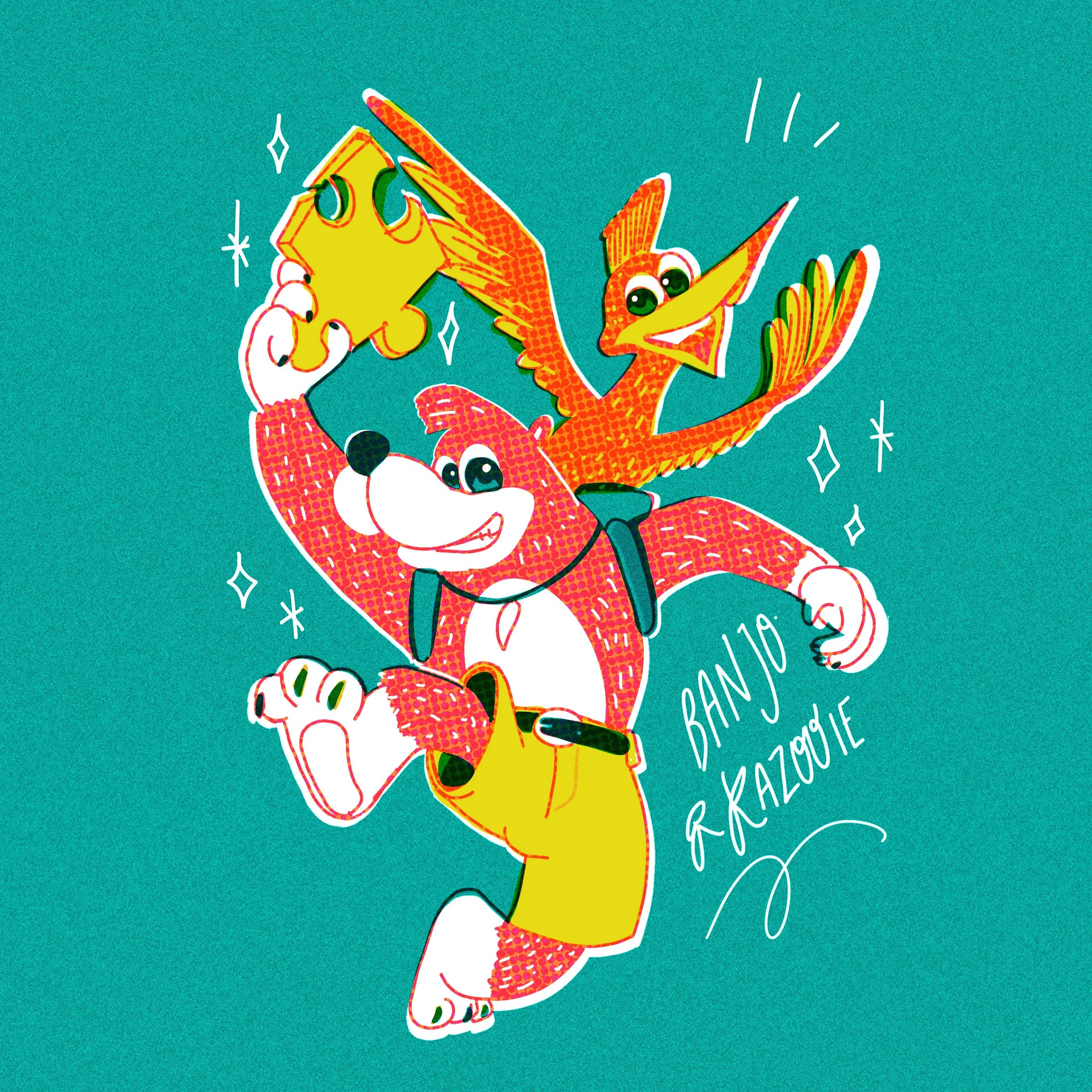 Cartoon illustration of a cheerful dog with a pink and white fur pattern, wearing yellow shorts, and a green backpack, riding a red bird with orange and yellow feathers, a long beak, and large expressive eyes. The dog is holding a yellow star-shaped 