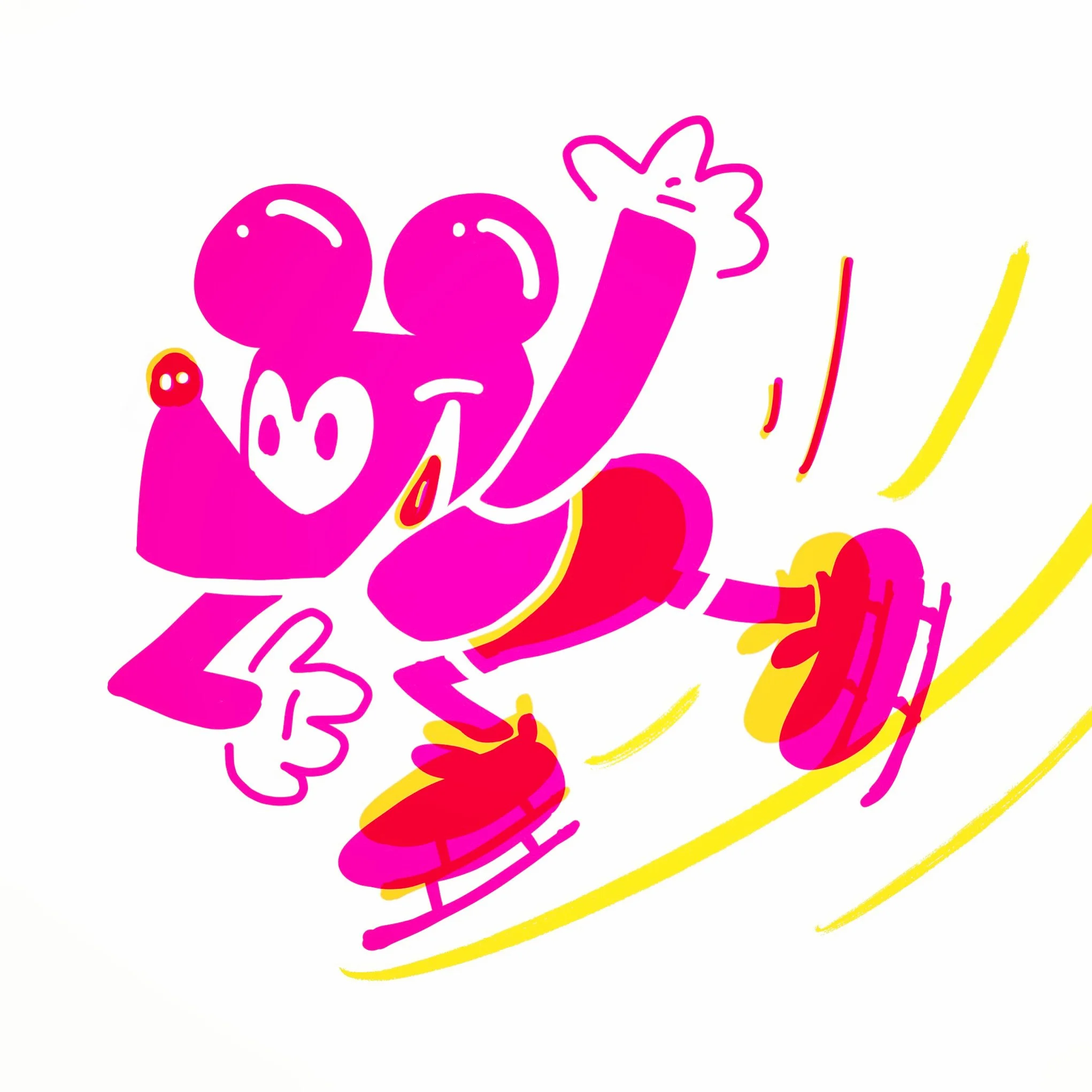 A colorful abstract drawing of Mickey Mouse ice skating, with bright pink, red, and yellow lines and shapes.