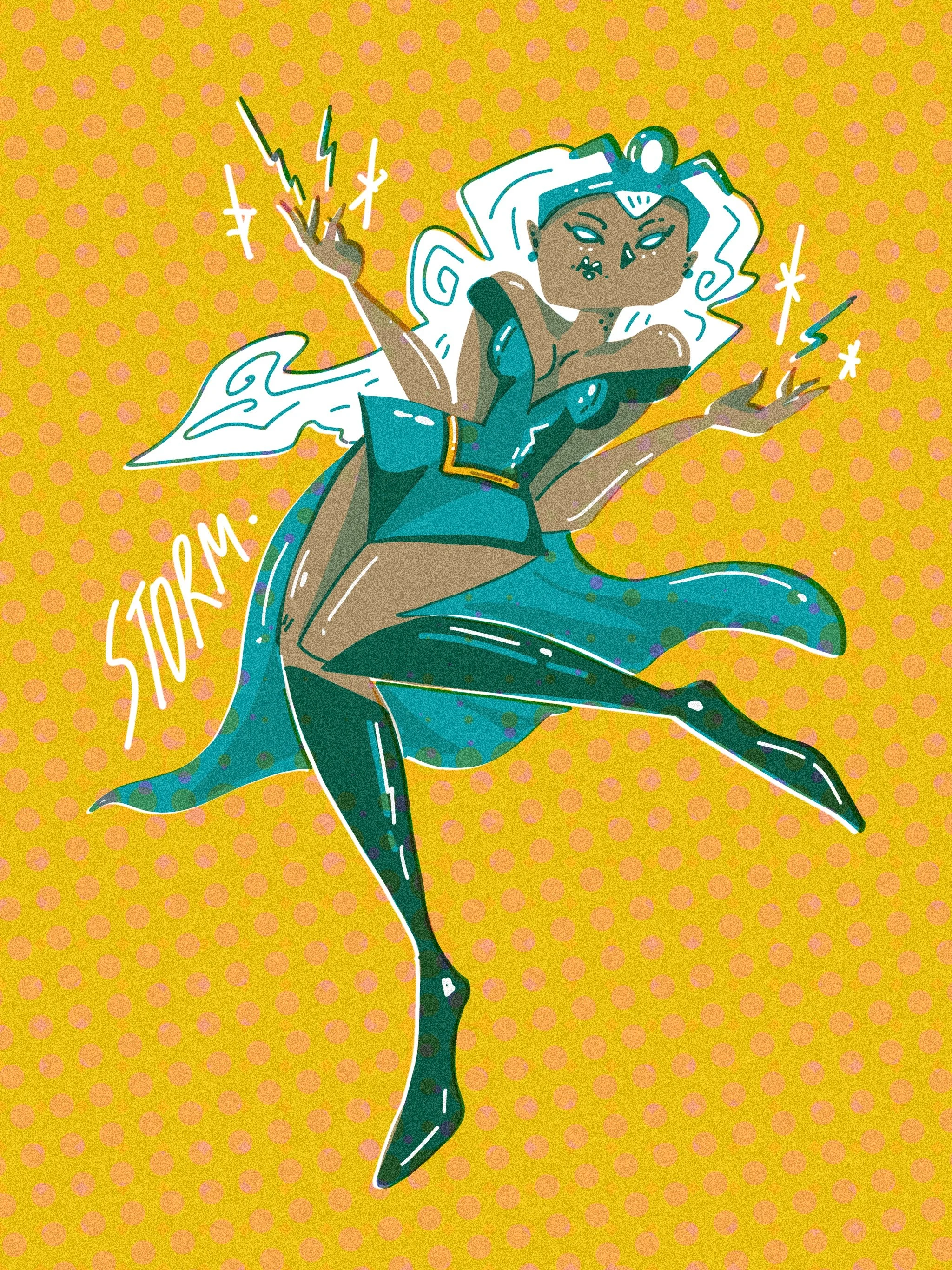 Digital illustration of a dynamic, cartoon-style character resembling a mystical, powerful woman with white hair, dark skin, and a teal dress, surrounded by electricity and energy sparks, with a yellow dotted background.