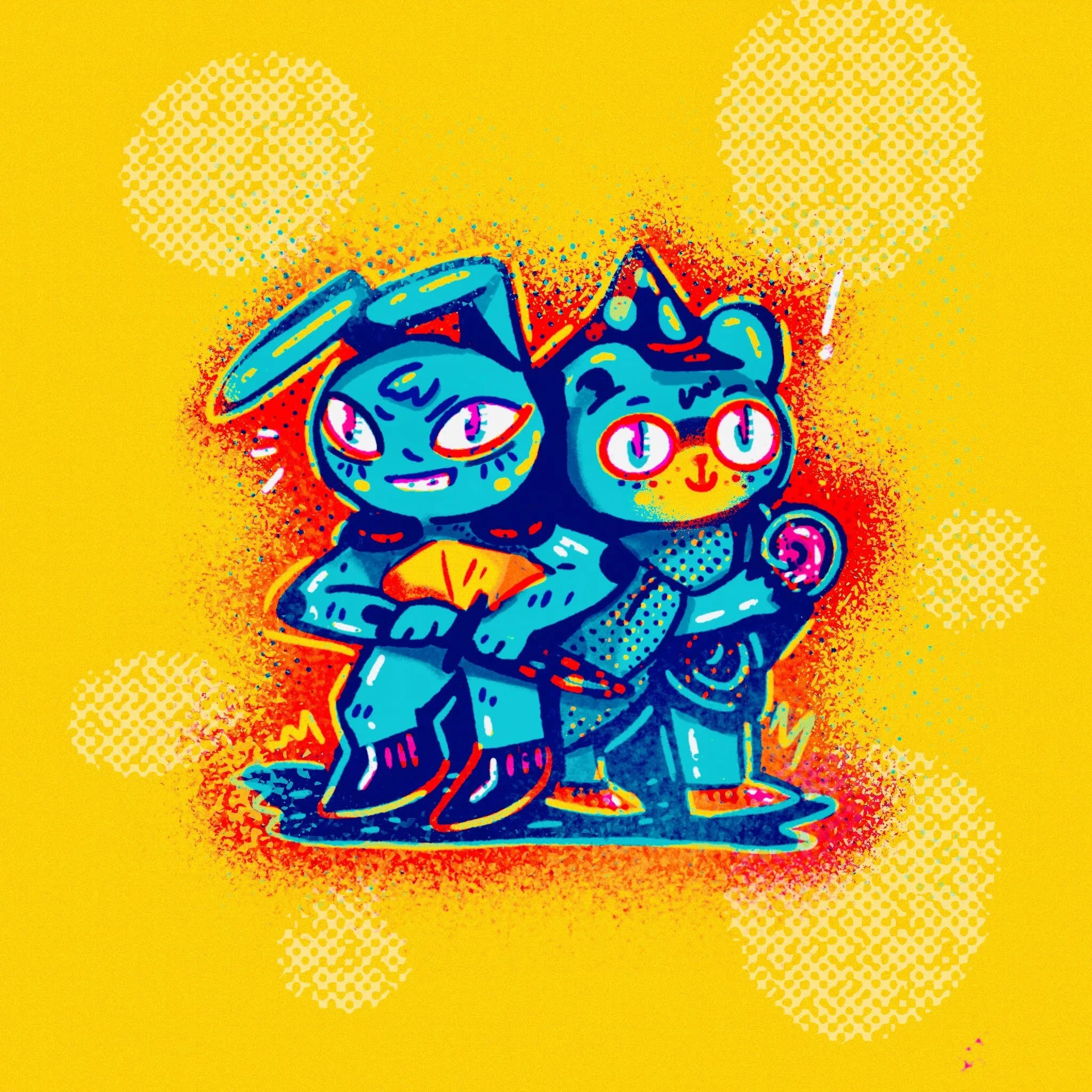 Two cartoon cats dressed in costumes, one with bunny ears holding a fan, the other wearing glasses and a horn, standing against a yellow background with comic book style dots and spray paint effects.
