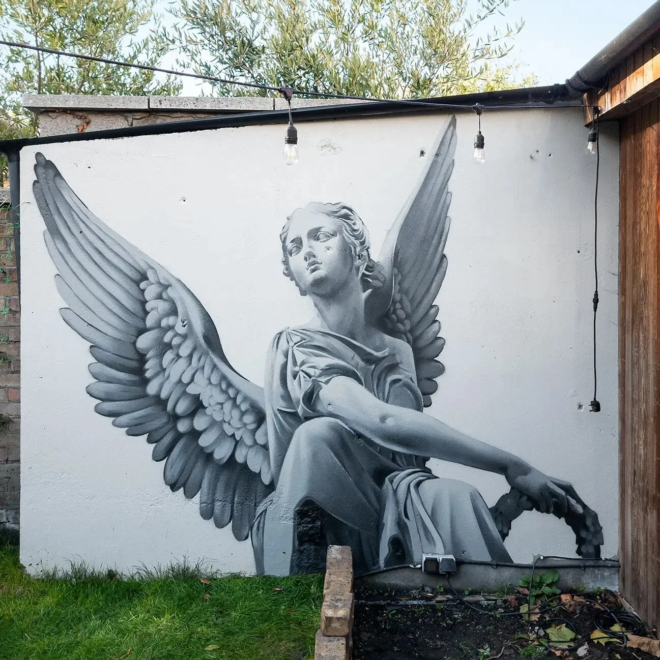 Nice garden commission. Managed to get it done despite the rain. 
.
.
.
#mural #streetart #spraypaint #streetart #Dublin #kilmainham #mtnspraypaint #angel #angelpainting
