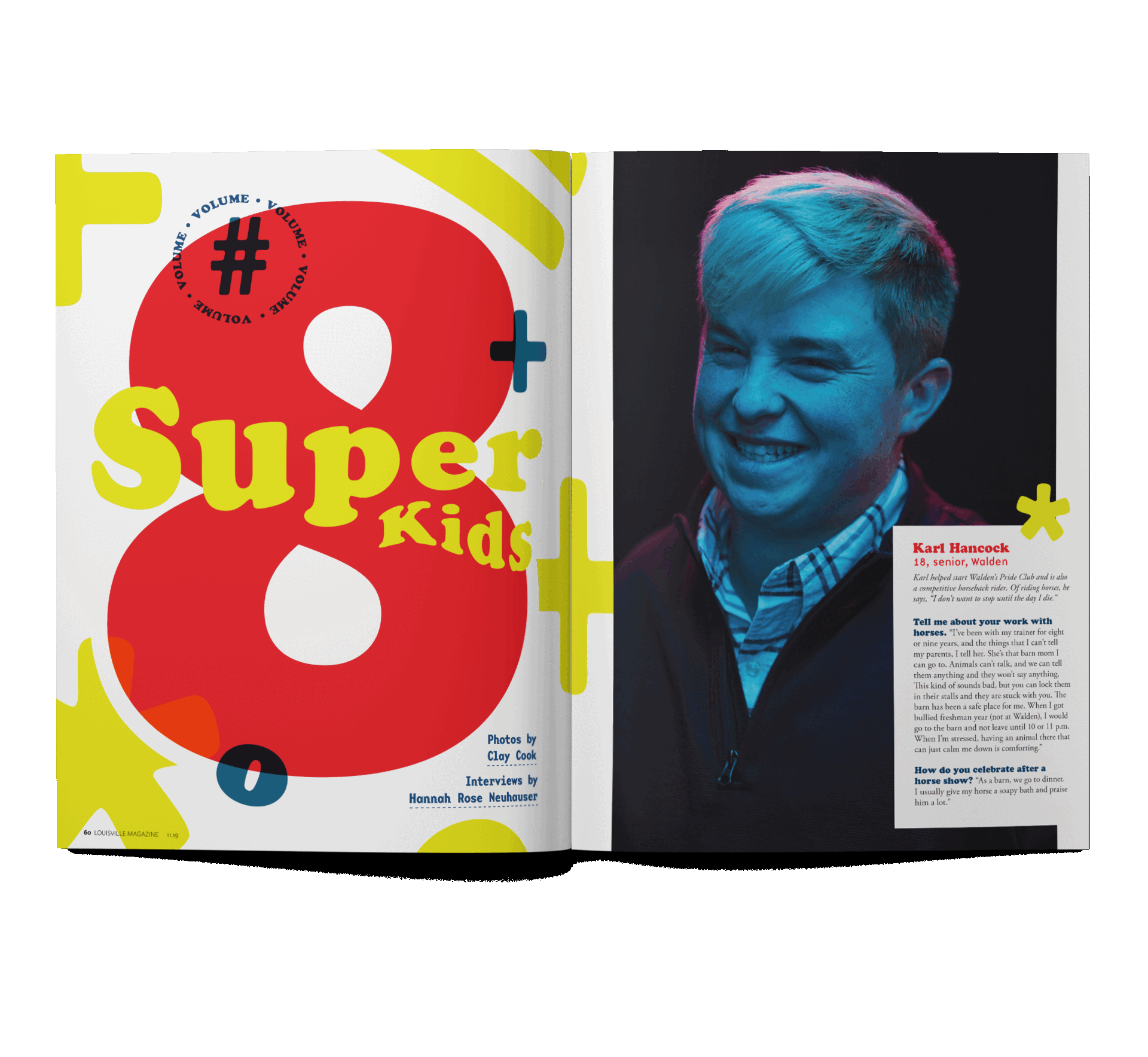 A magazine spread featuring a young boy with colorful hair and a big smile, along with a colorful page titled 'Super Kids' and a large red number 8.
