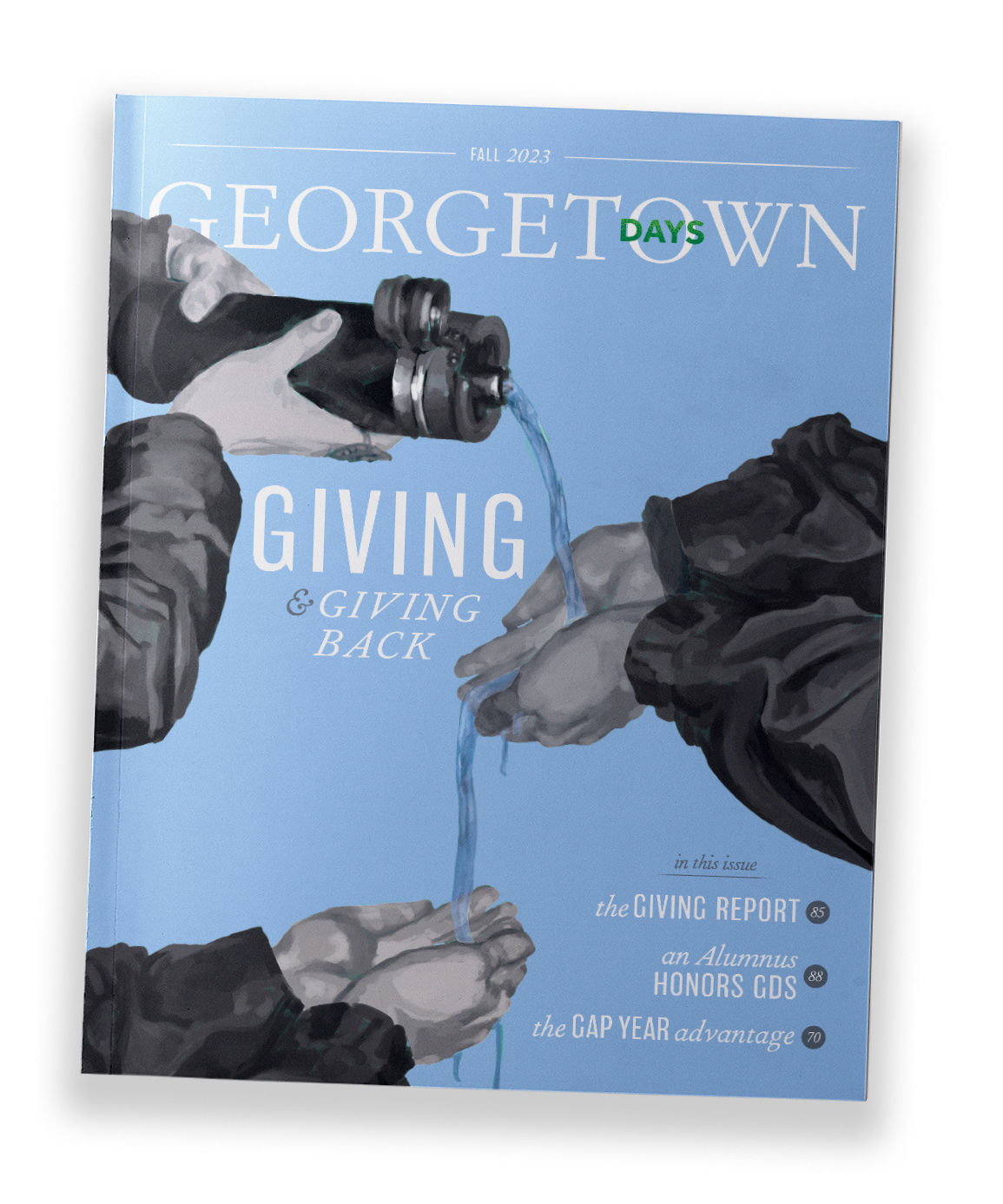 Magazine cover titled 'Georgetown Days 2023' with illustration of one person's hand pouring water from a bottle onto another person's outstretched hands, with a blue background.