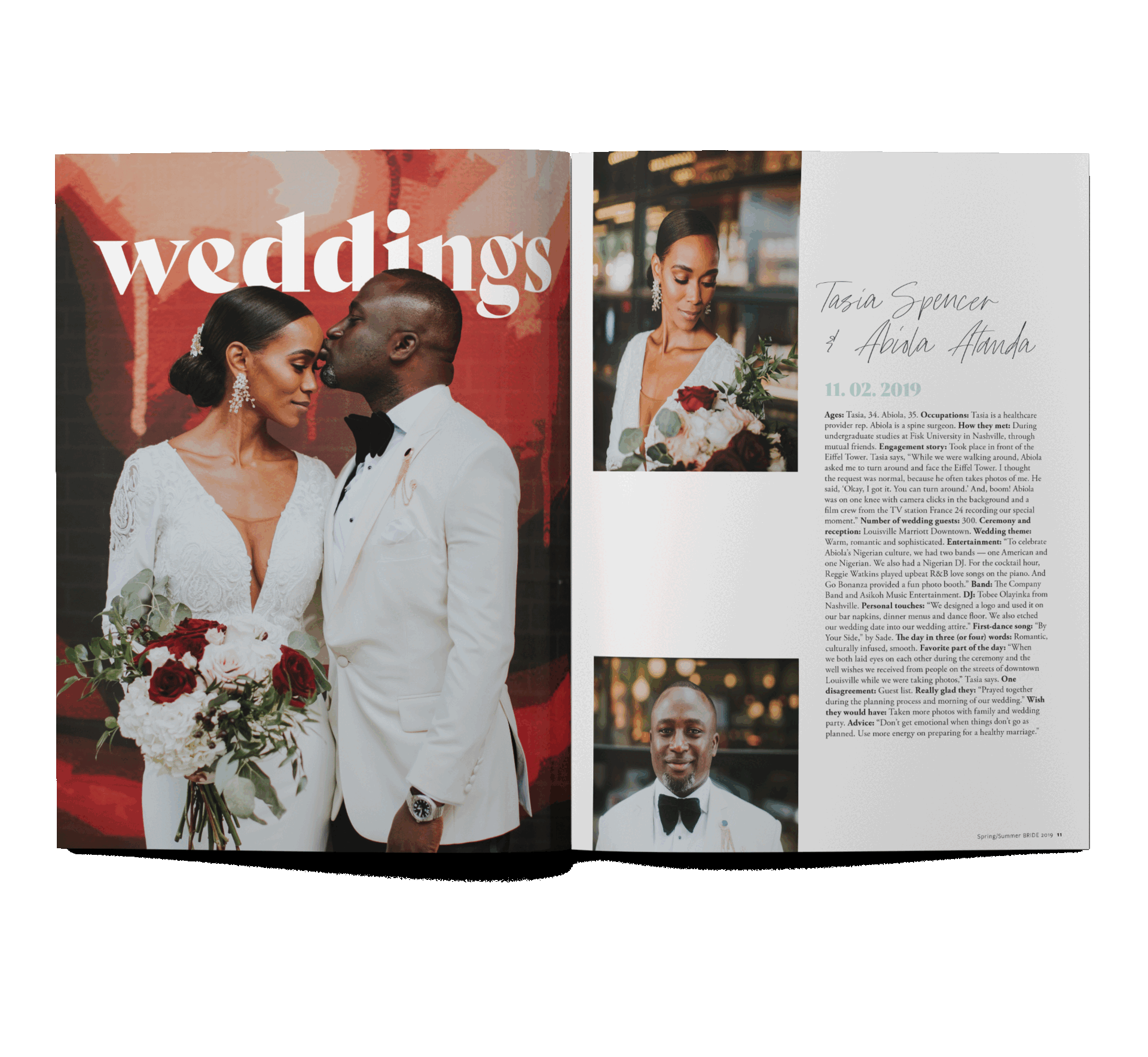A wedding magazine spread featuring a bride and groom in wedding attire, with the word 'weddings' in bold white letters on a red background, and a page with wedding details, including photos of the bride, groom, and a woman holding a bouquet.