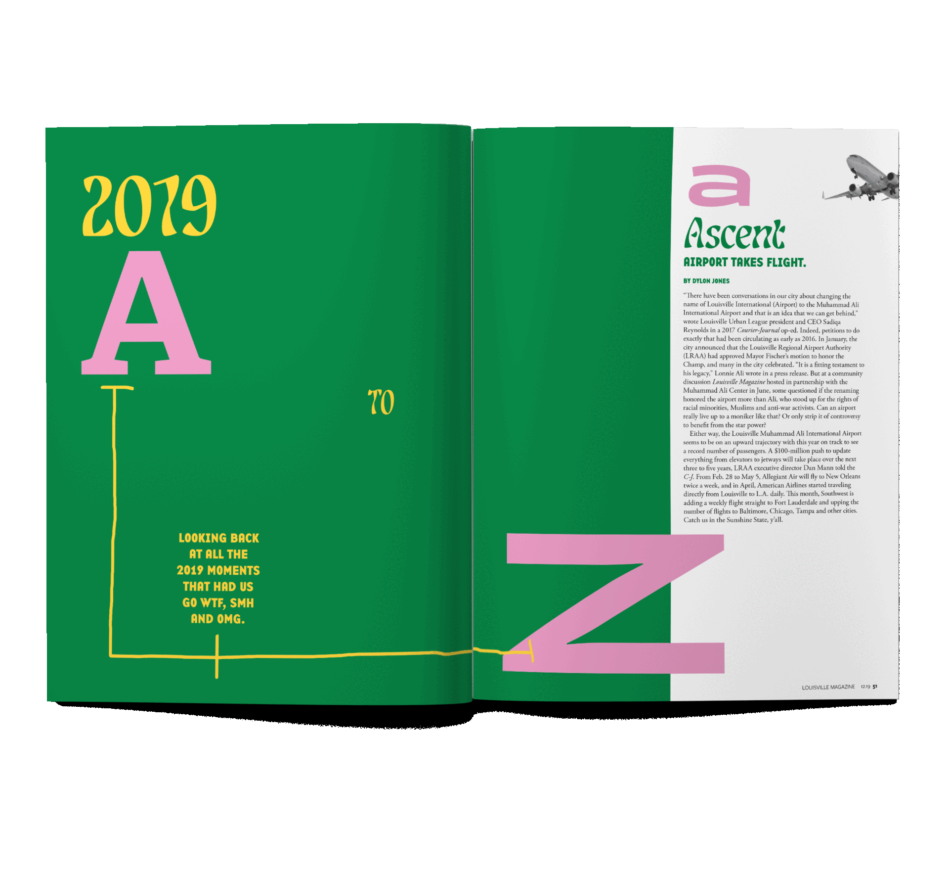 Open magazine spread with bold green background on the left page and white background on the right page. The left page features large pink and yellow text reading '2019 A to Z' and smaller orange text about looking back at 2019 moments. The right page contains a headline 'A Ascent Airport Takes Flight' with an airplane graphic in the top right corner and a column of text below.