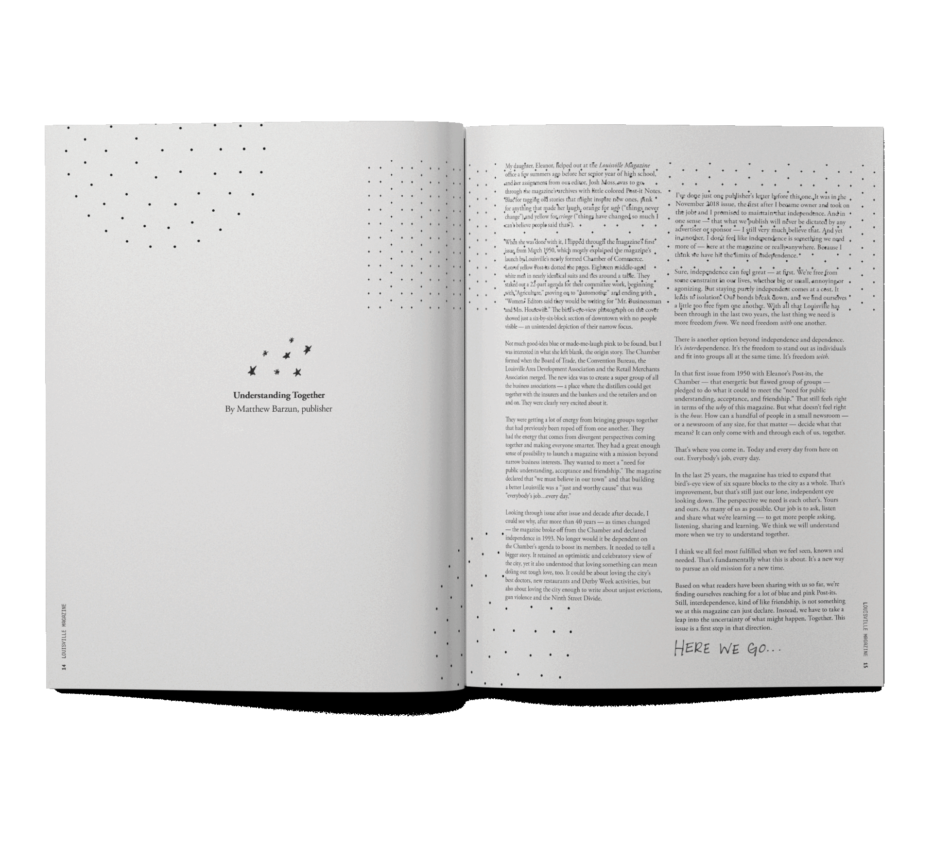 An open magazine spread featuring an article titled 'Understanding Together' by Matthew Barzun, with decorative star illustrations on a white background with black dots.
