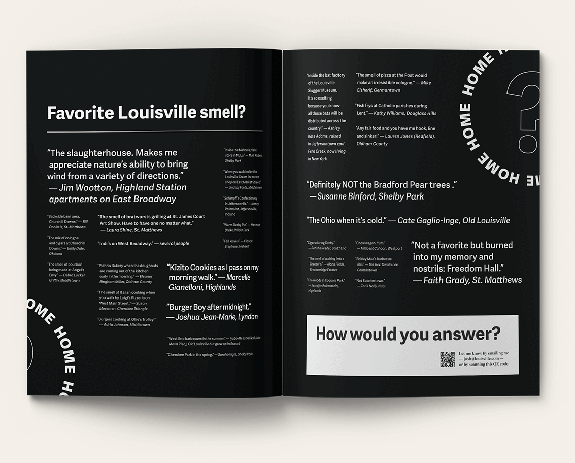 A two-page magazine spread with black background and white text asking about Louisville smells, featuring quotes from various people about their favorite Louisville scents, and a call-to-action asking how to answer by emailing or scanning a QR code.