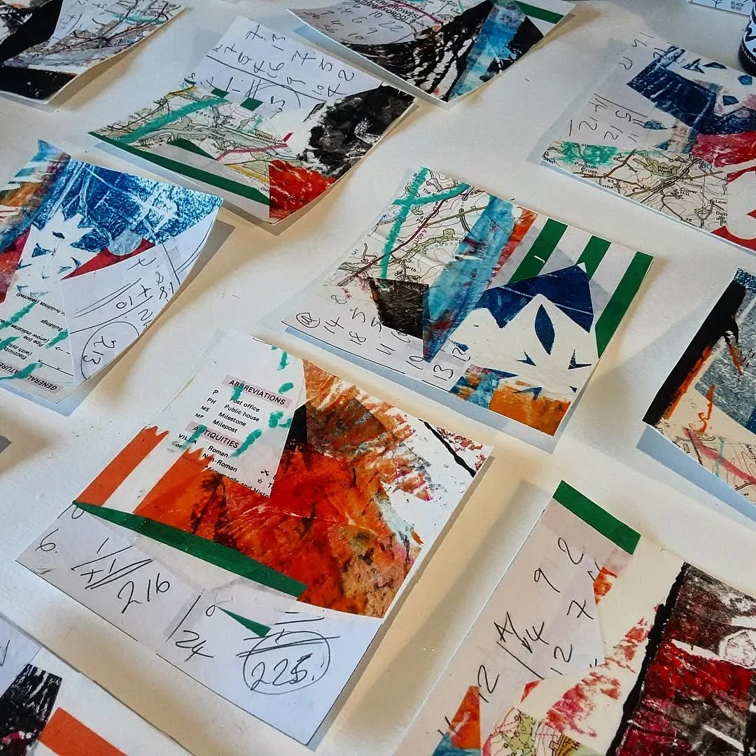 They're coming along nicely.  My mini collage Christmas cards - this batch is almost ready for their handcut ❄️ snowflakes!
#landscapeinspiration #abstractlandscapepainting #artforyoursoul #mixedmediaoriginals #studiopaintings #acrylicabstractartist 