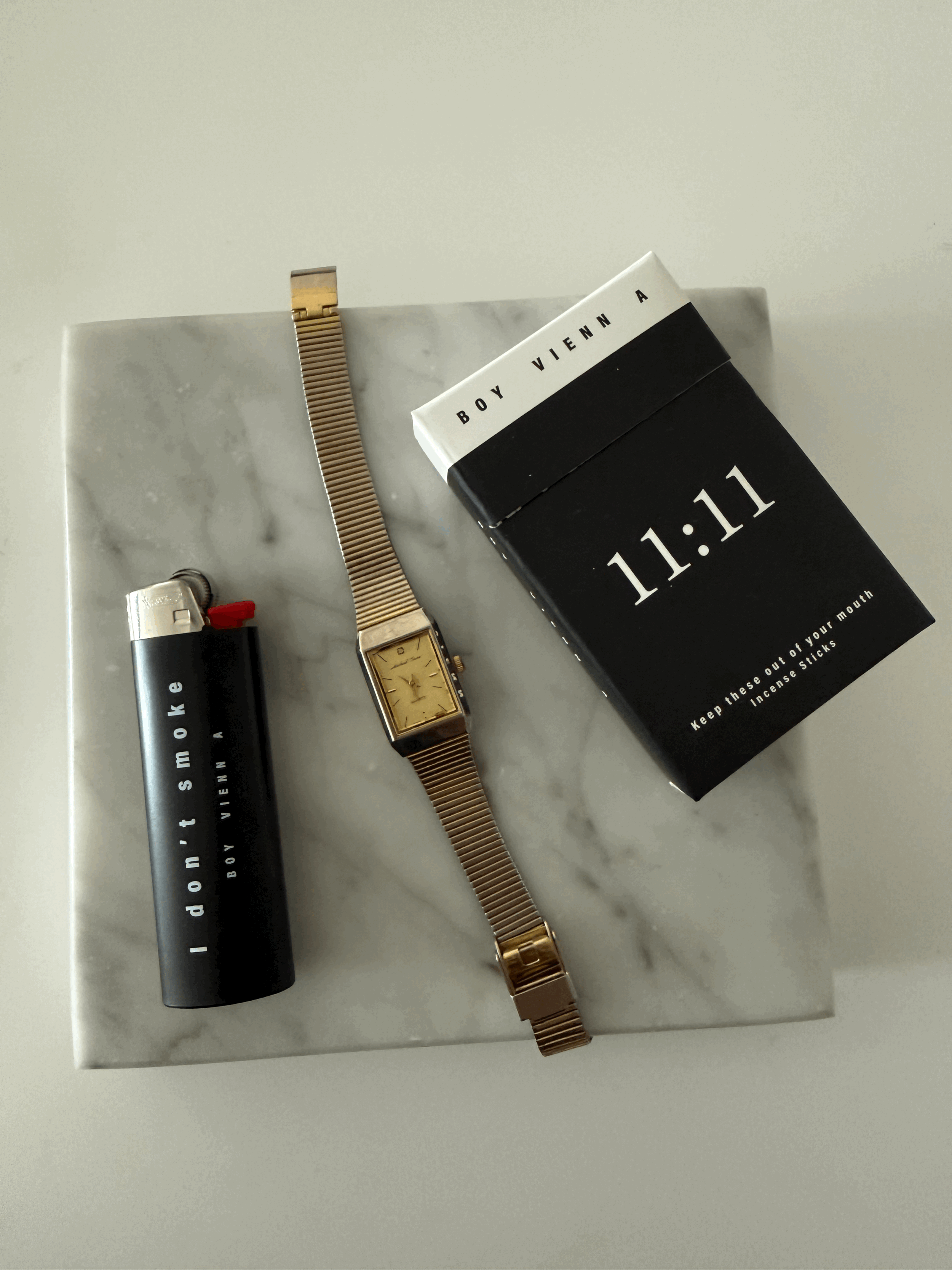 Ribbed Vintage Gold Bracelet Watch Incense and Lighter Set