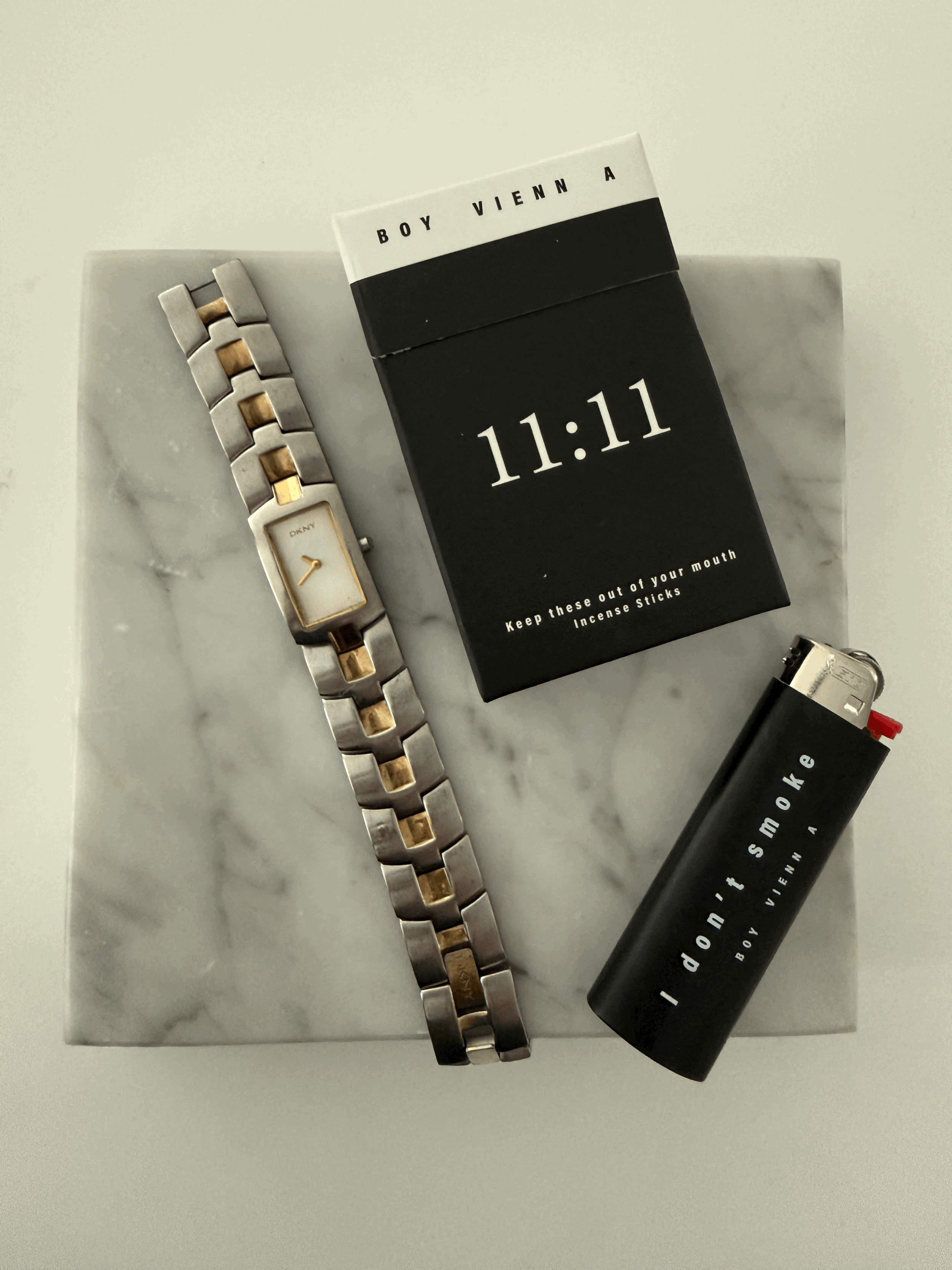 DKNY Vintage Two Tone Bracelet Watch Incense and Lighter Set