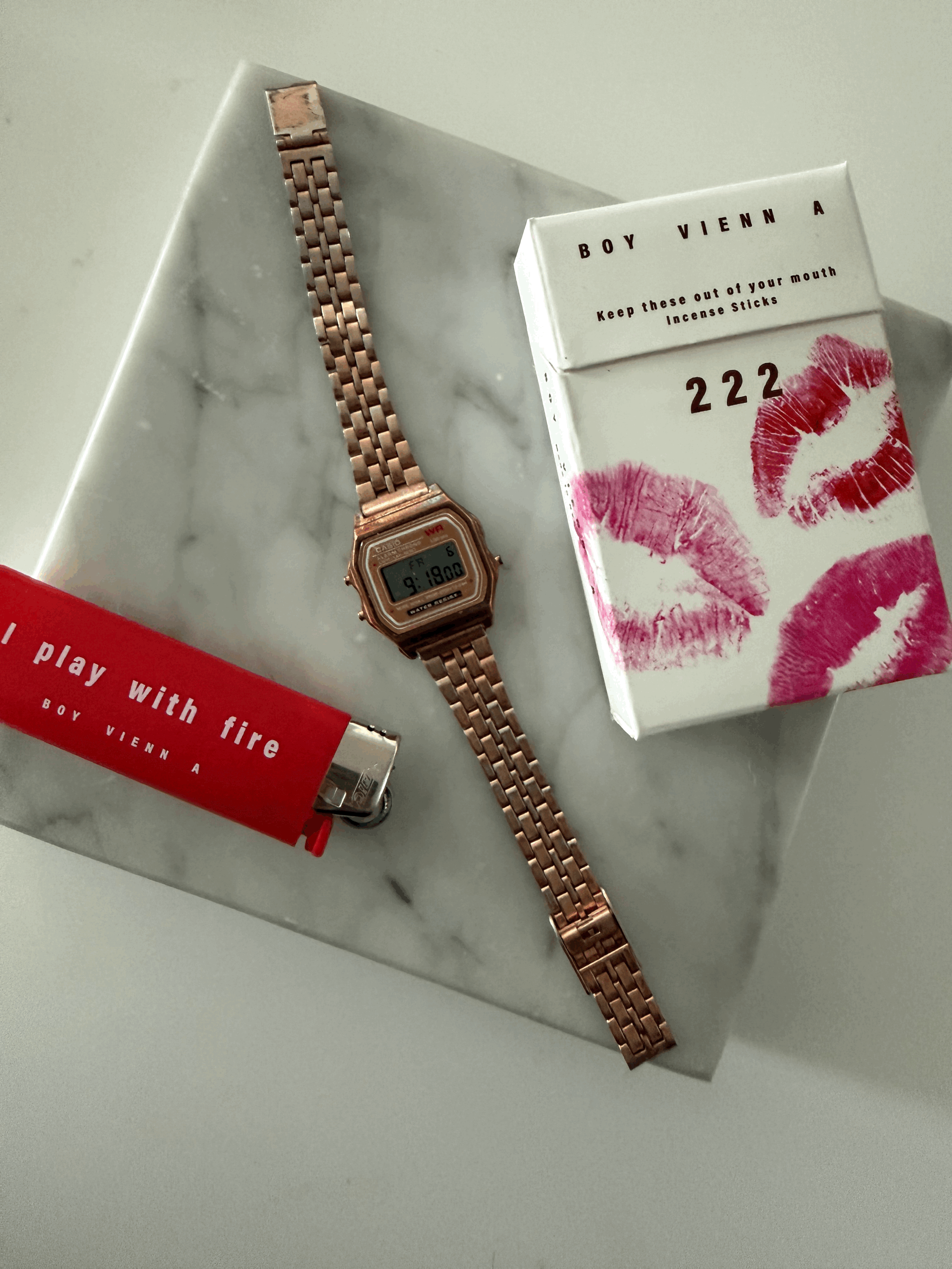 Rose Gold Digital Casio Bracelet Watch Incense and Lighter Set