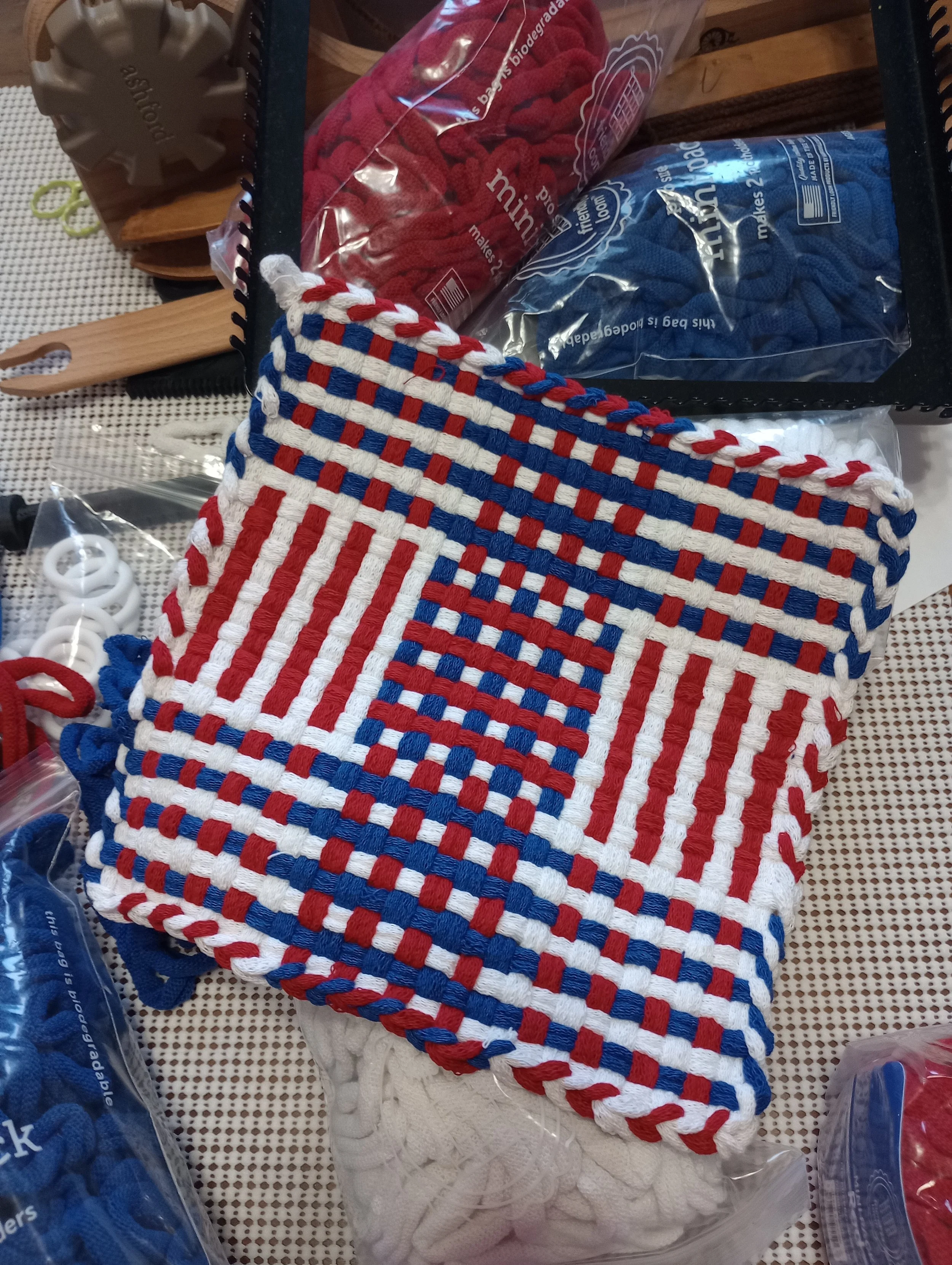 Red, white and blue log cabin potholder with silicone ring