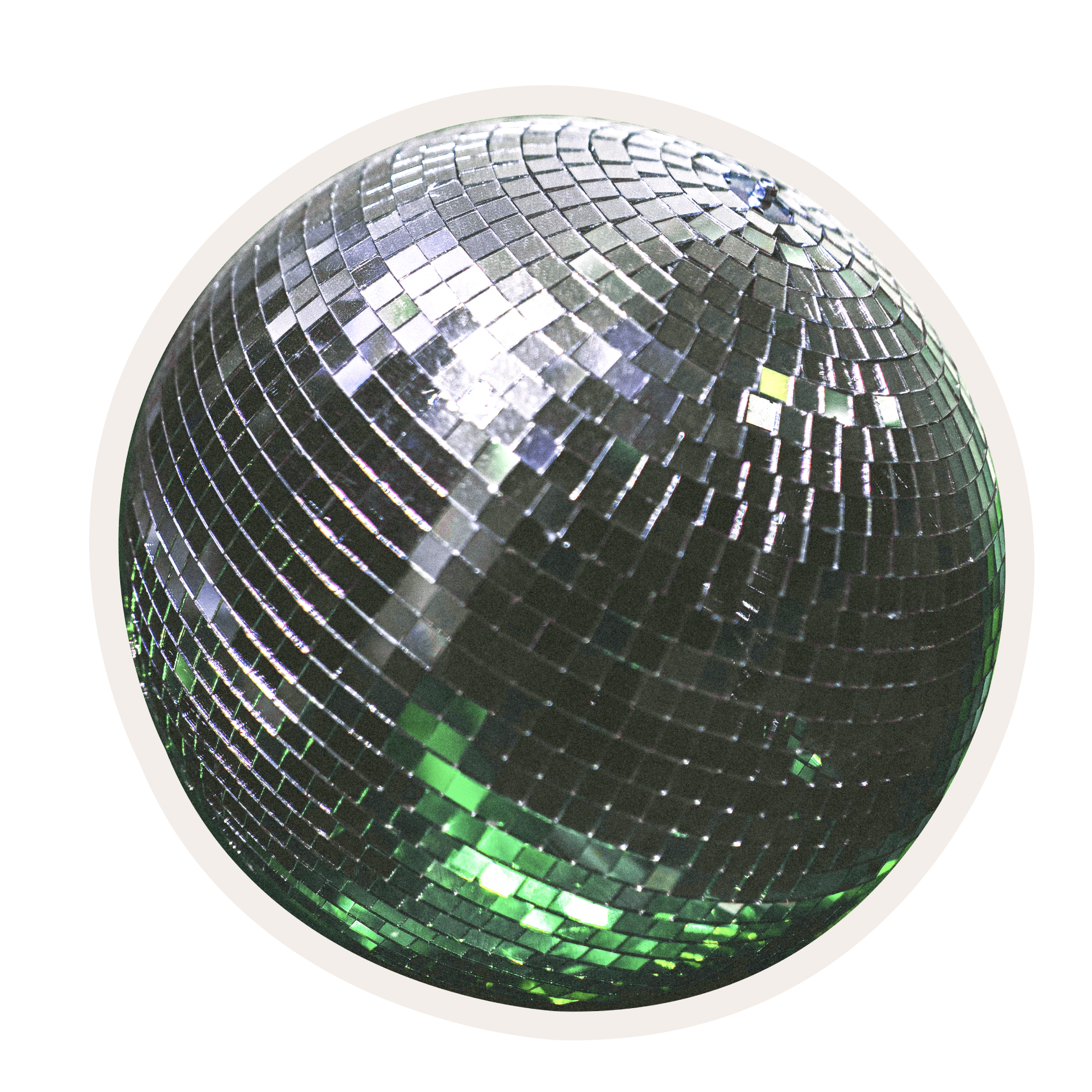 Close-up of a disco ball with reflective mirror tiles on a spherical surface.