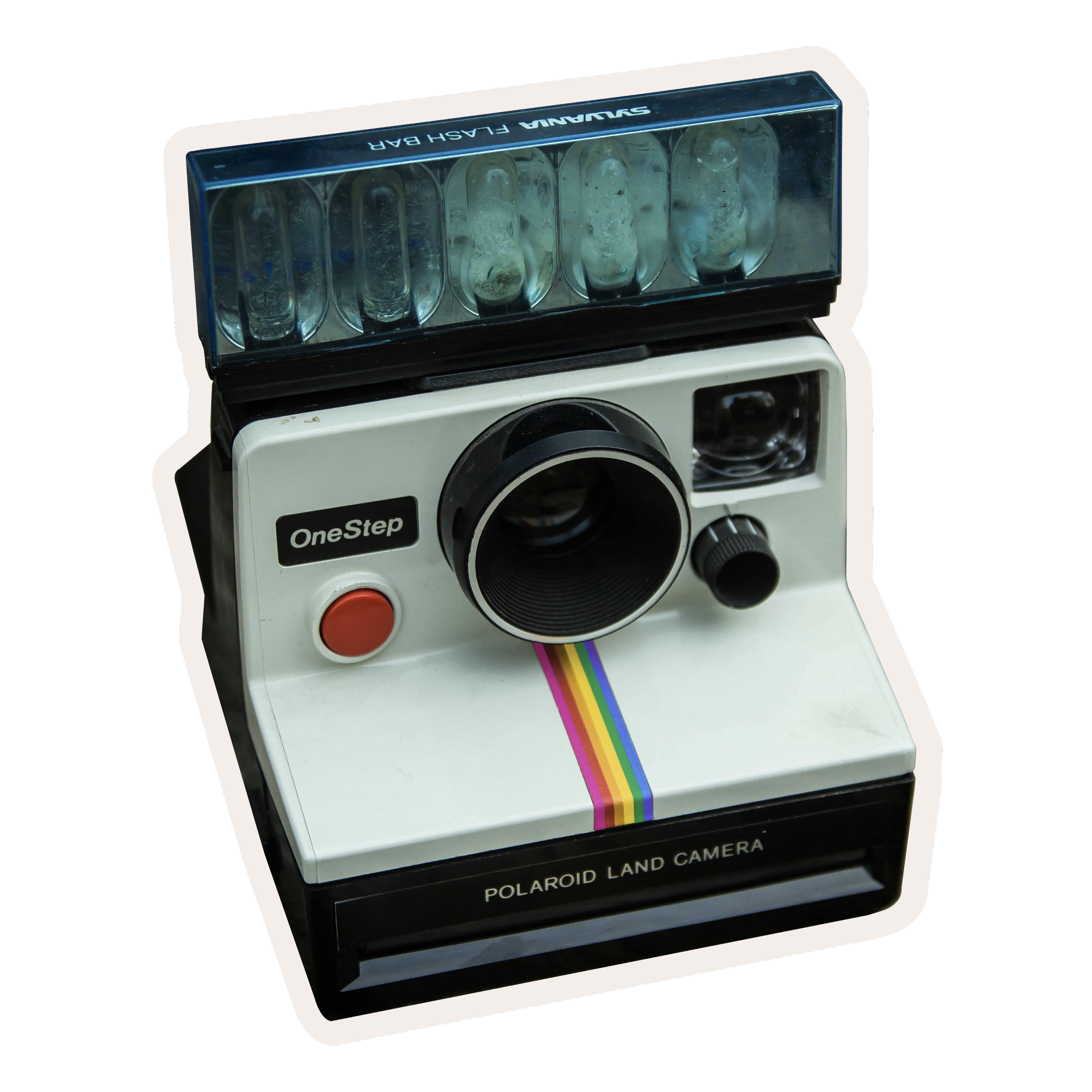 Polaroid Land Camera with a rainbow strip on the front and a flash attachment on top