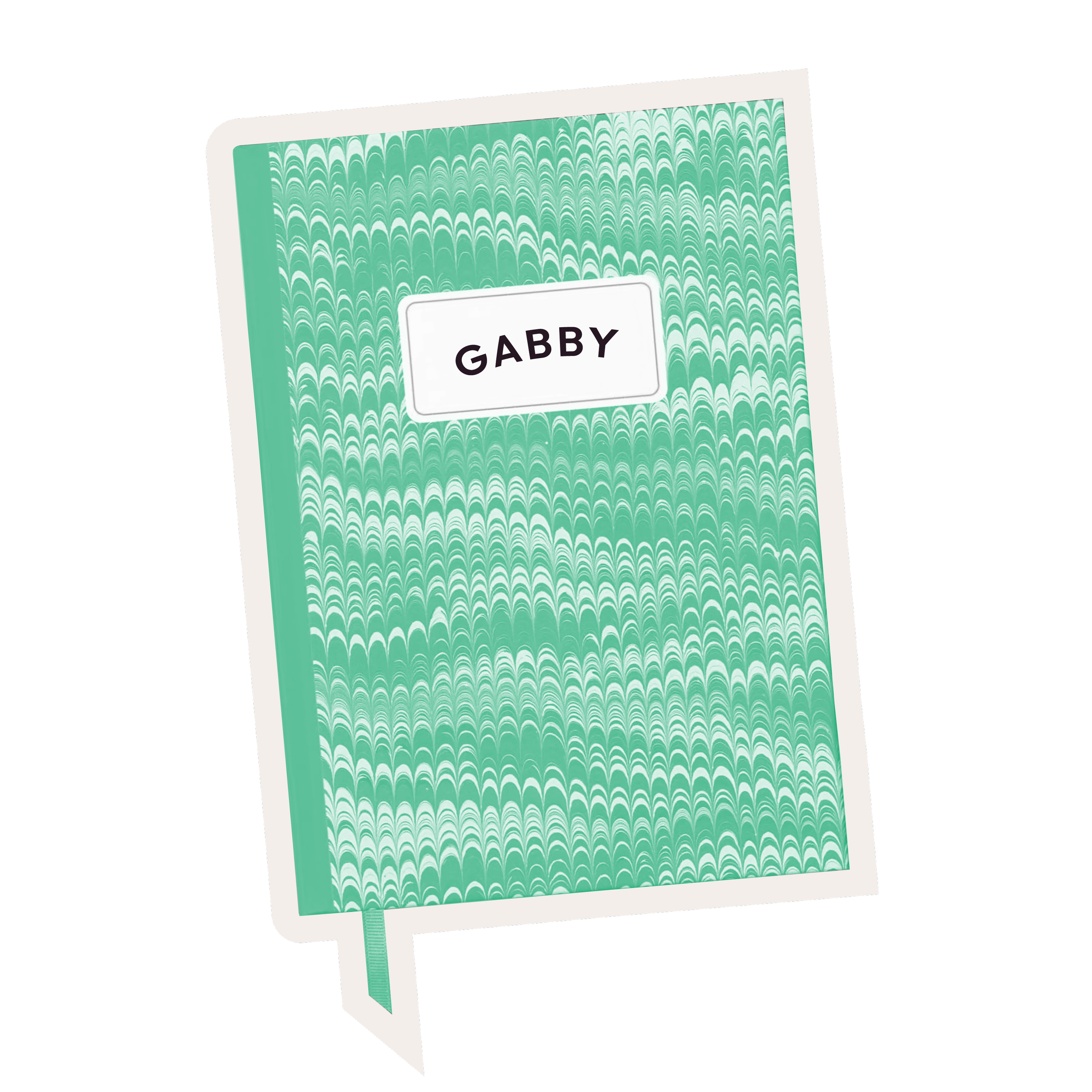 A flag with a green and white marbled pattern and the name 'GABBY' in black text on a white background.