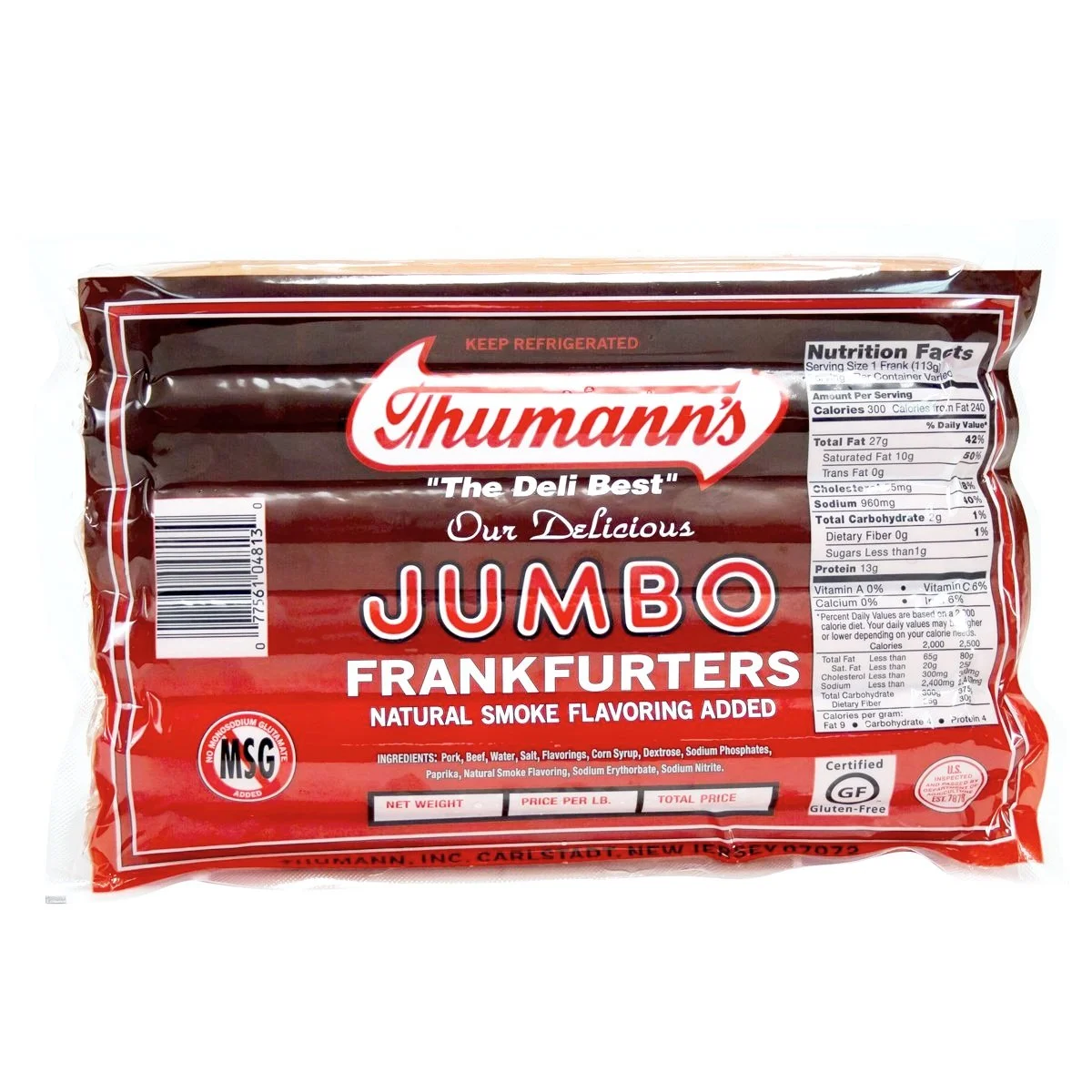 Thumann's Pork and Beef Jumbo Franks.