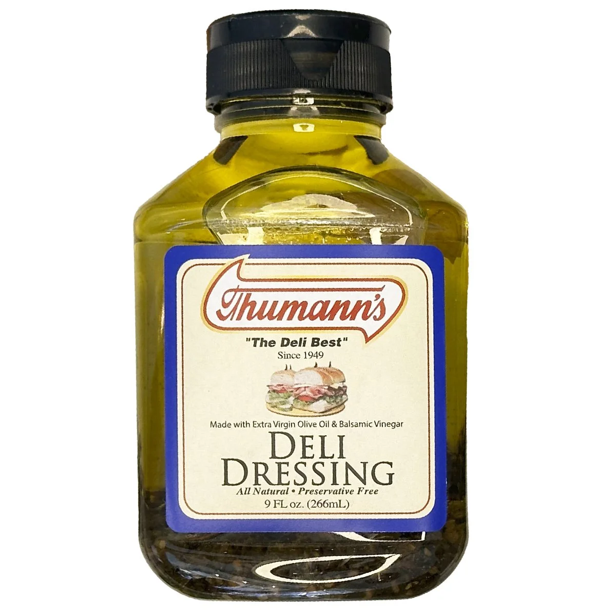 A bottle of Thumann's deli dressing made with extra virgin olive oil and balsamic vinegar, in a glass jar with a black screw-on cap.