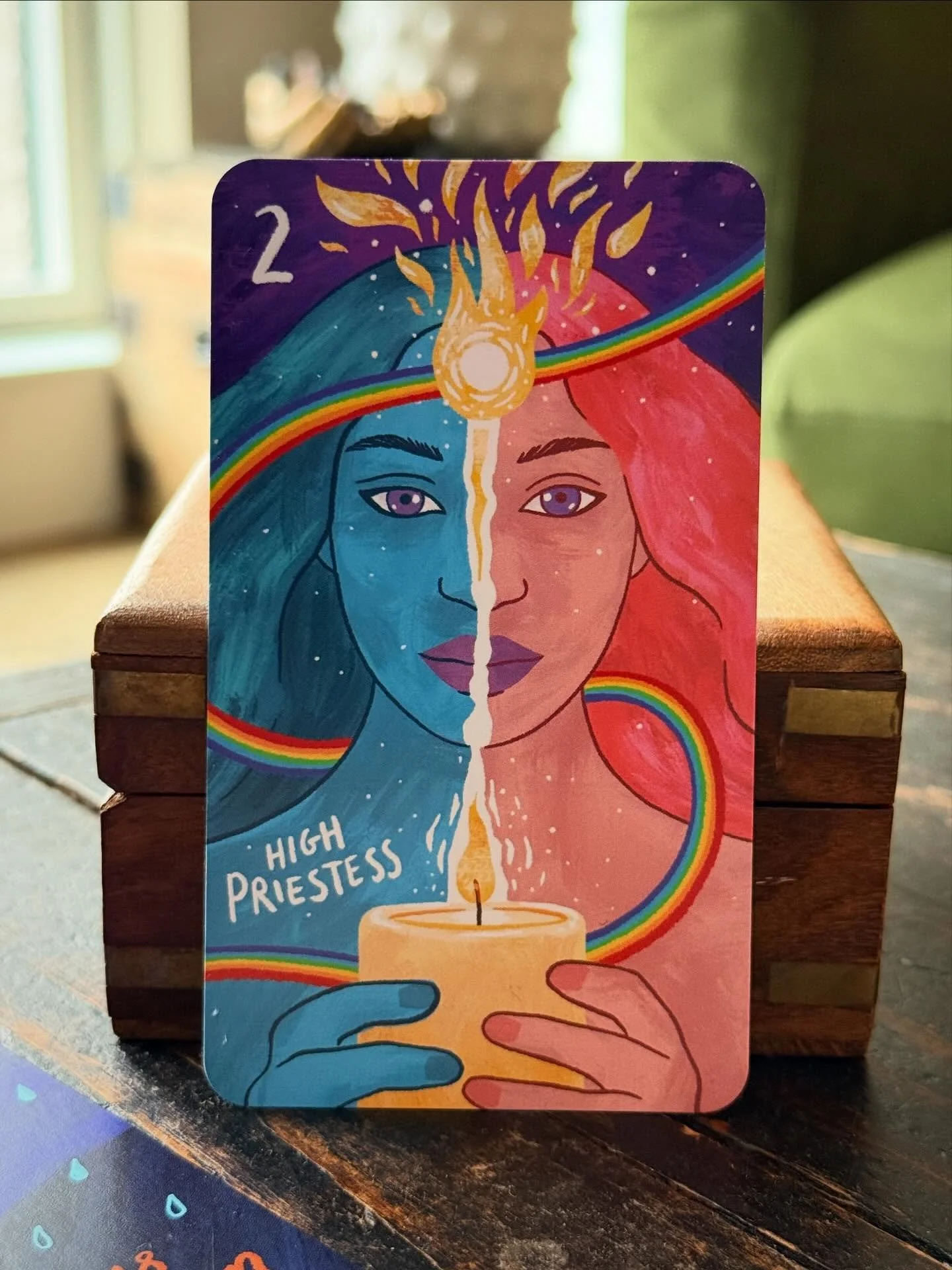 With rebellious independence, The High Priestess shows us the path of divine intuition. The card has often been associated with the medieval legend of Pope Joan, a woman who disguised herself as a man to enter the Church and later become the Pope. Th