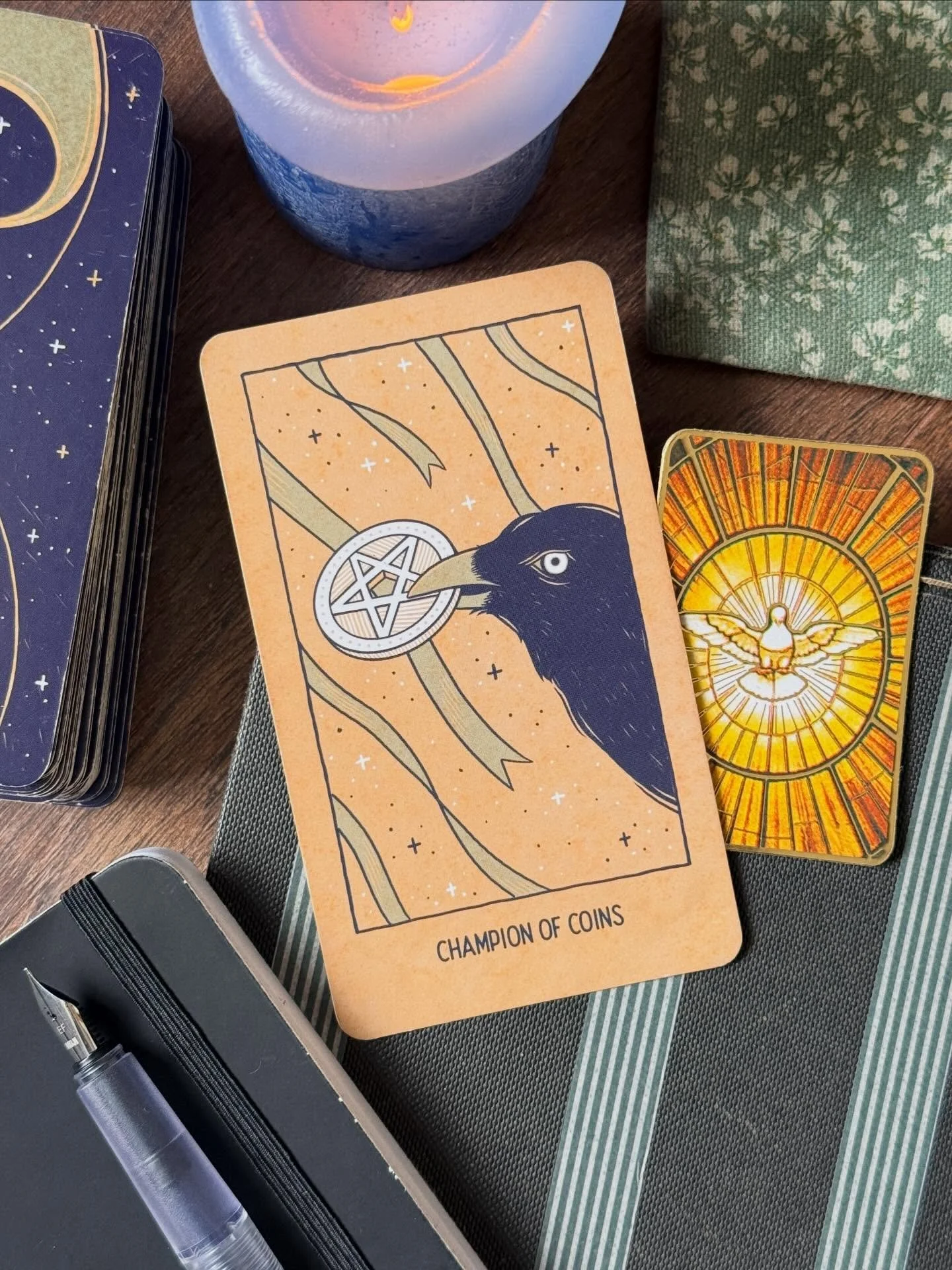 When I designed this card for the Transient Light Tarot, I was inspired by the blue bowerbird. Unlike the other knights, the Knight of Pentacles (renamed Champion of Coins) doesn&rsquo;t charge forward in their pursuit. In the RWS deck, Pixie illustr