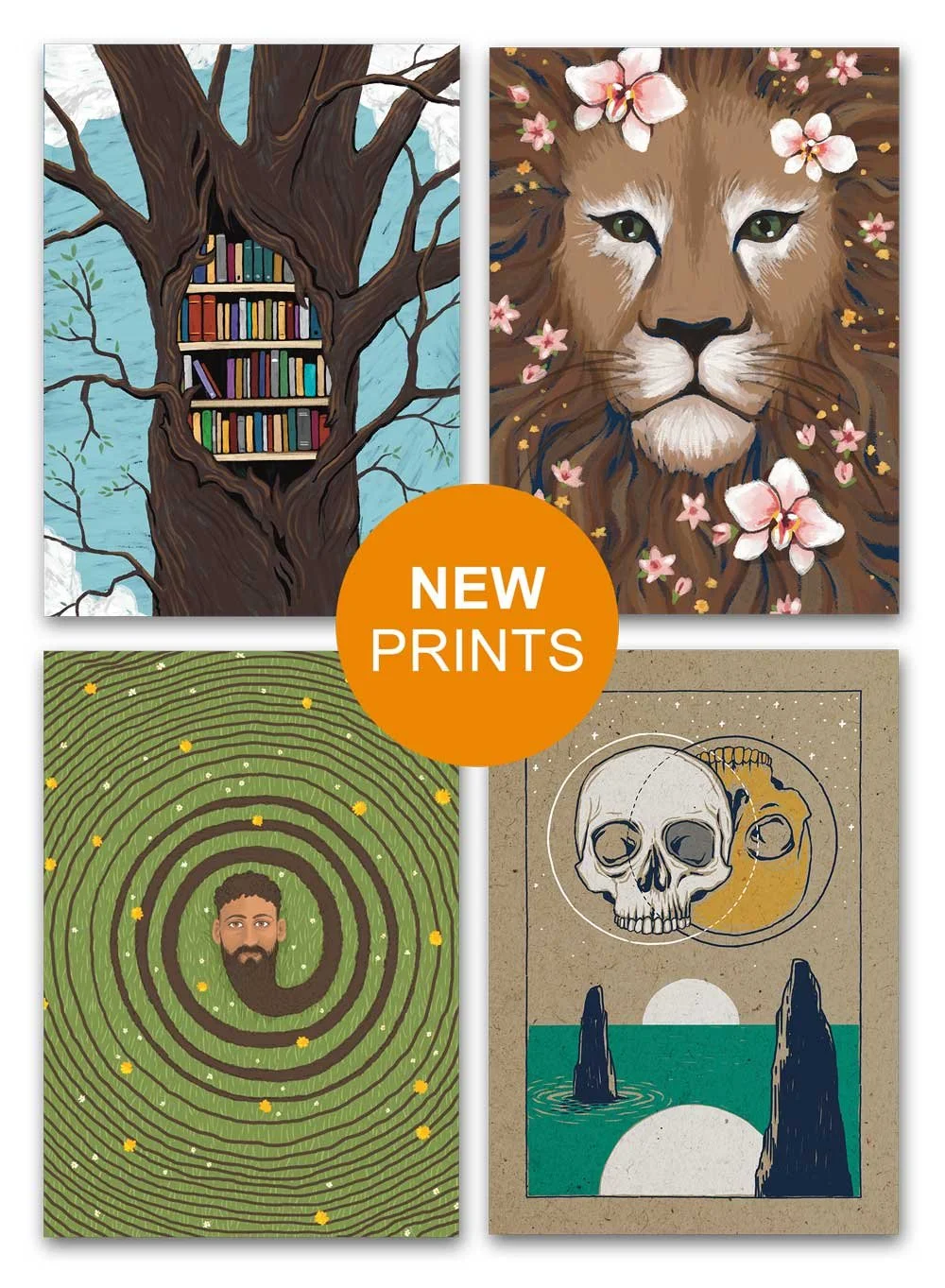 Image of four new art prints by Ari Wisner, various illustrations