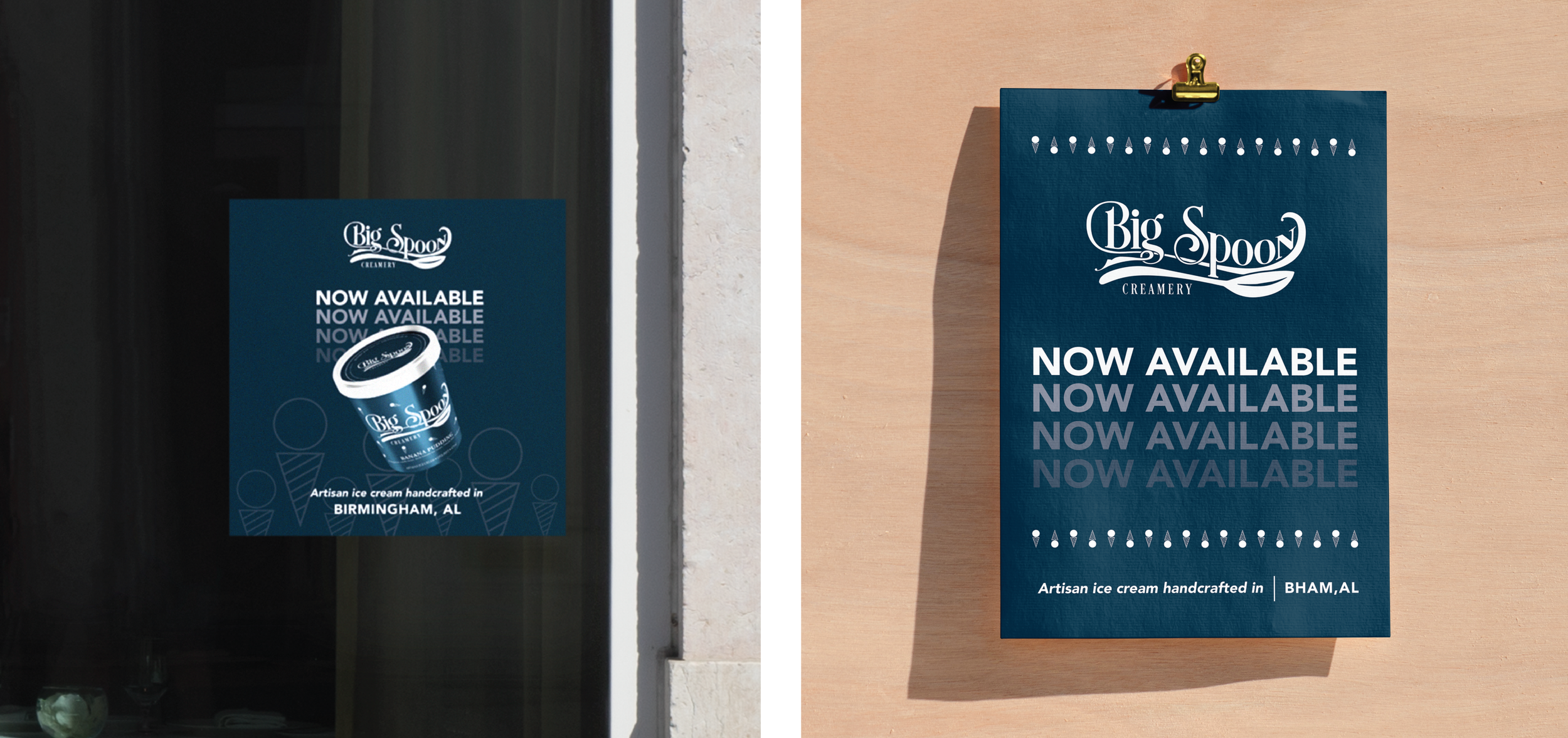 Two chalkboard signs advertising Big Spoon Creamery's ice cream, one mounted on a window and the other on a wall. The first sign features an image of a pint of ice cream and the second one emphasizes the availability with repeated 'Now Available' tex