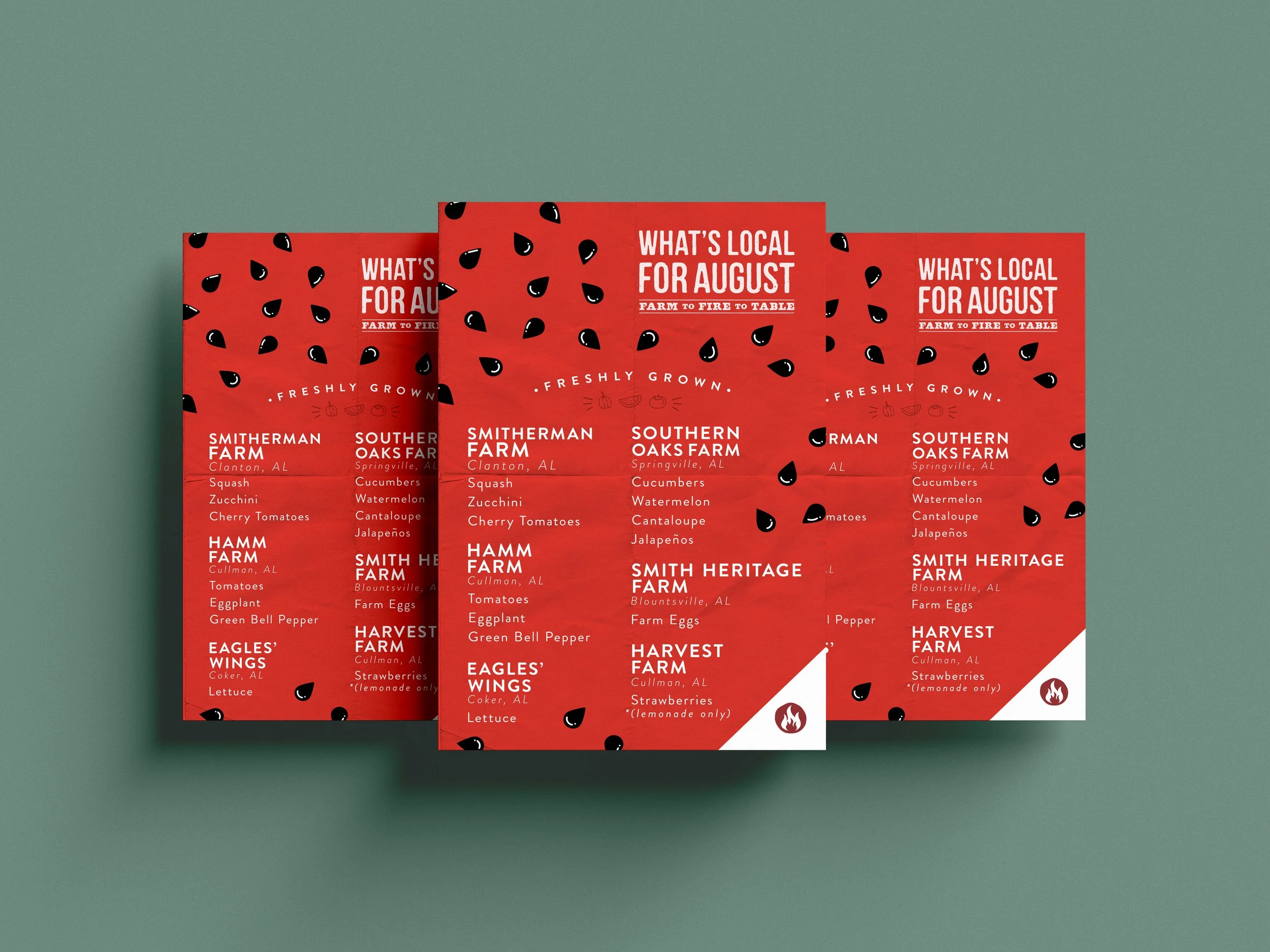 Three red farm produce flyers with black and white seed-like patterns, listing local produce and farms in Alabama, including details of vegetables, fruits, and farm origins.