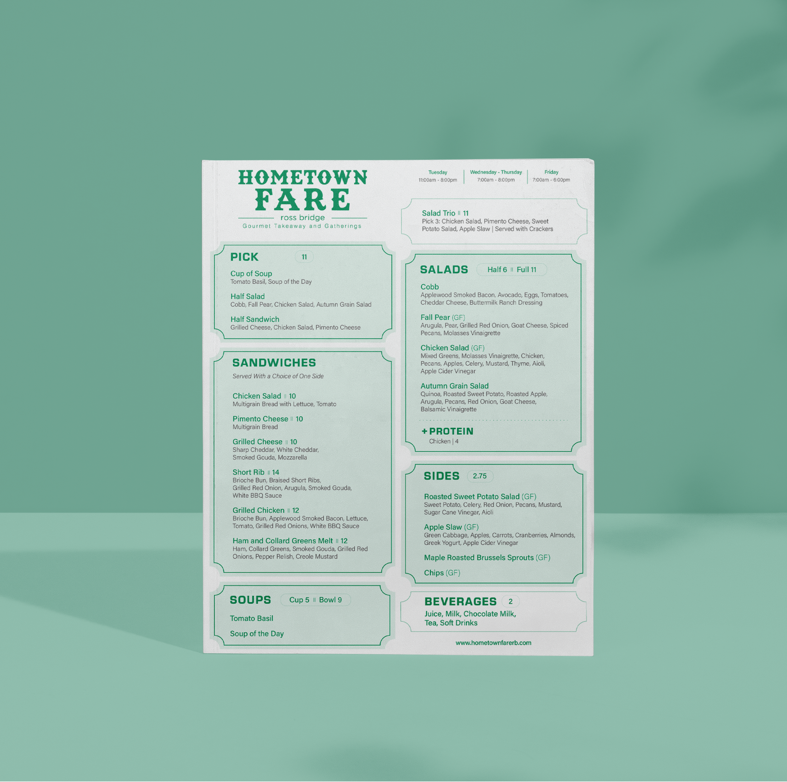 Menu for Hometown Fare, featuring sections for pick, sandwiches, soups, salads, side dishes, protein, and beverages with detailed dish descriptions.