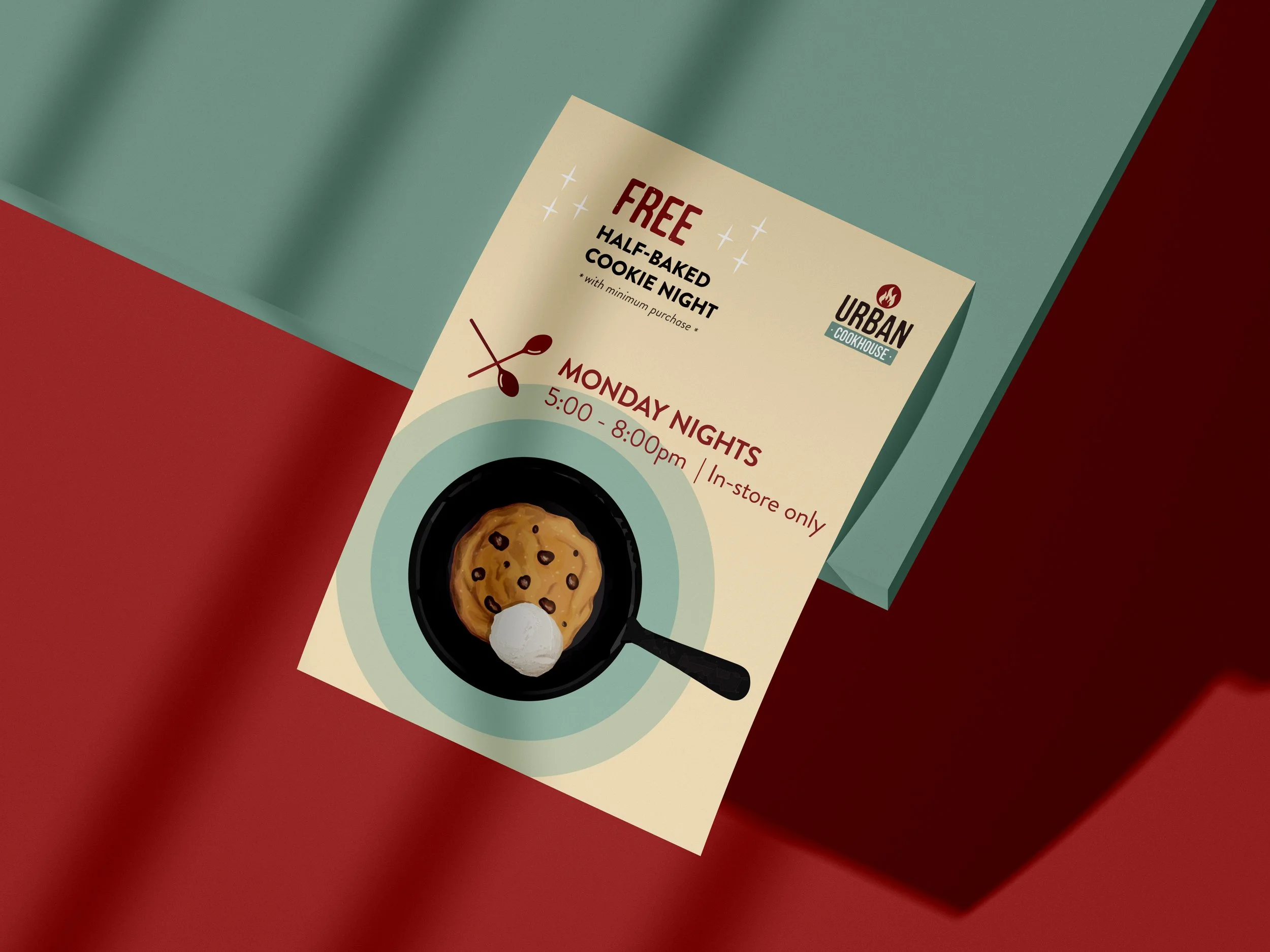 A flyer advertising a free half-baked cookie night at Urban Cookhouse on Monday nights from 5:00 to 8:00 pm, in-store only. The flyer features an illustration of a cookie in a pan with a scoop of ice cream on top.