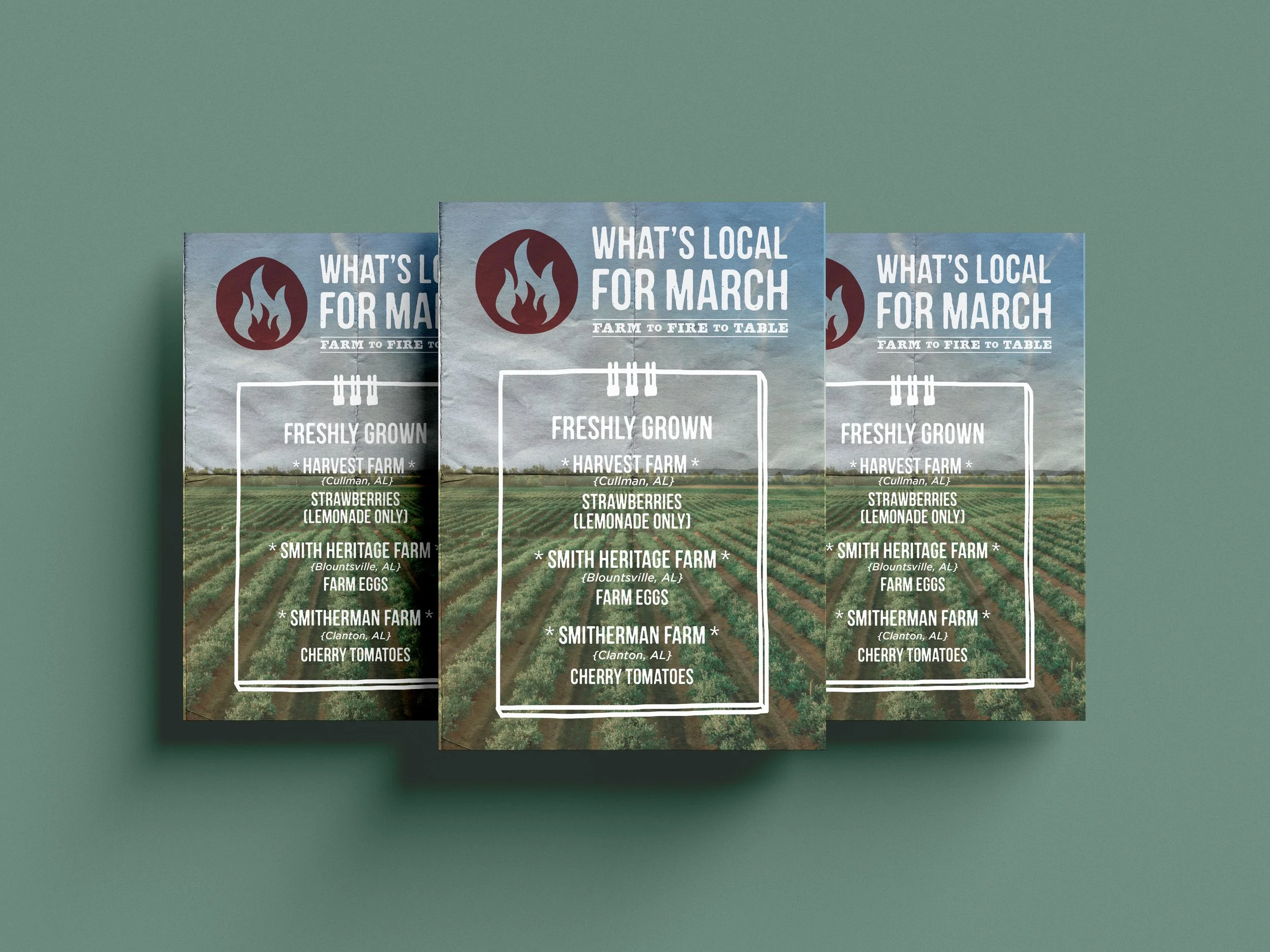 Three farm-to-table flyers with a field background, titled 'What's Local for March,' listing farm produce like strawberries, eggs, cherries from farms in Alabama.