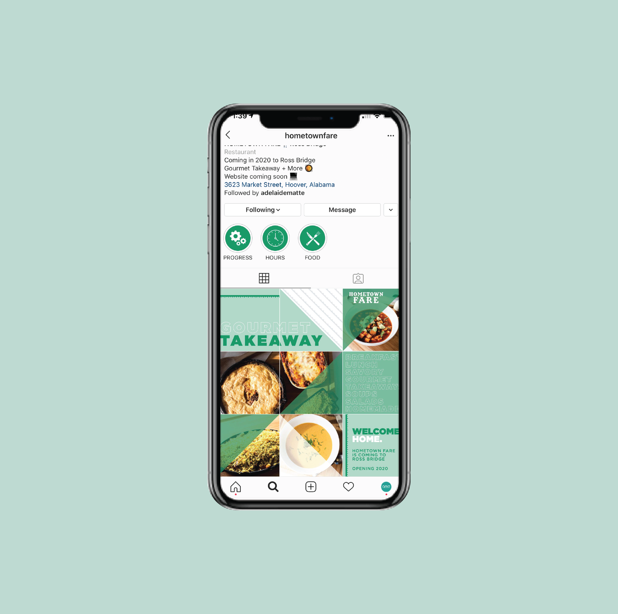 Instagram profile page with images of food and text about upcoming gourmet takeaway restaurant in Hoover, Alabama.