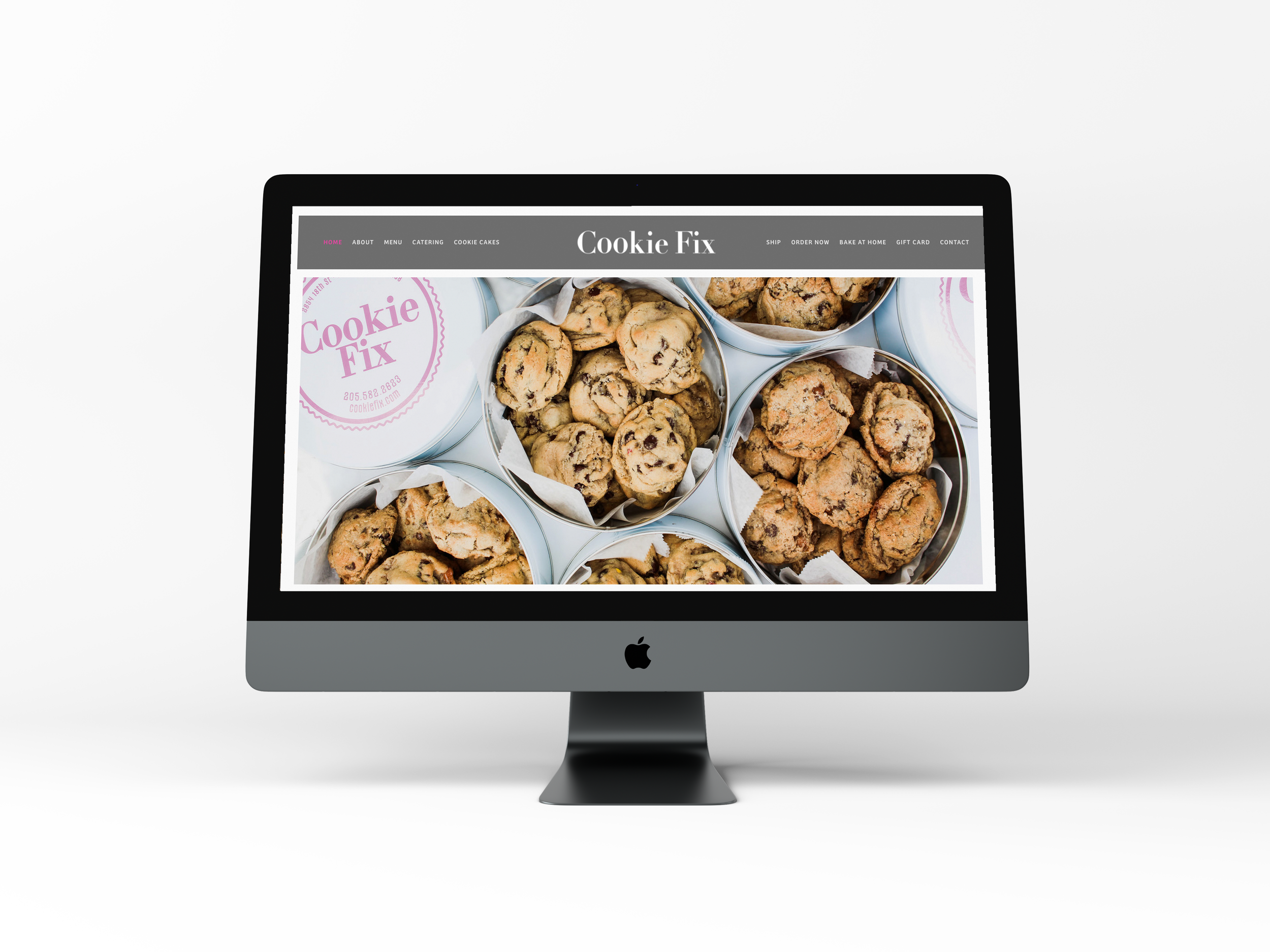 Computer screen displaying websites of Cookie Fix with images of various cookies in containers.