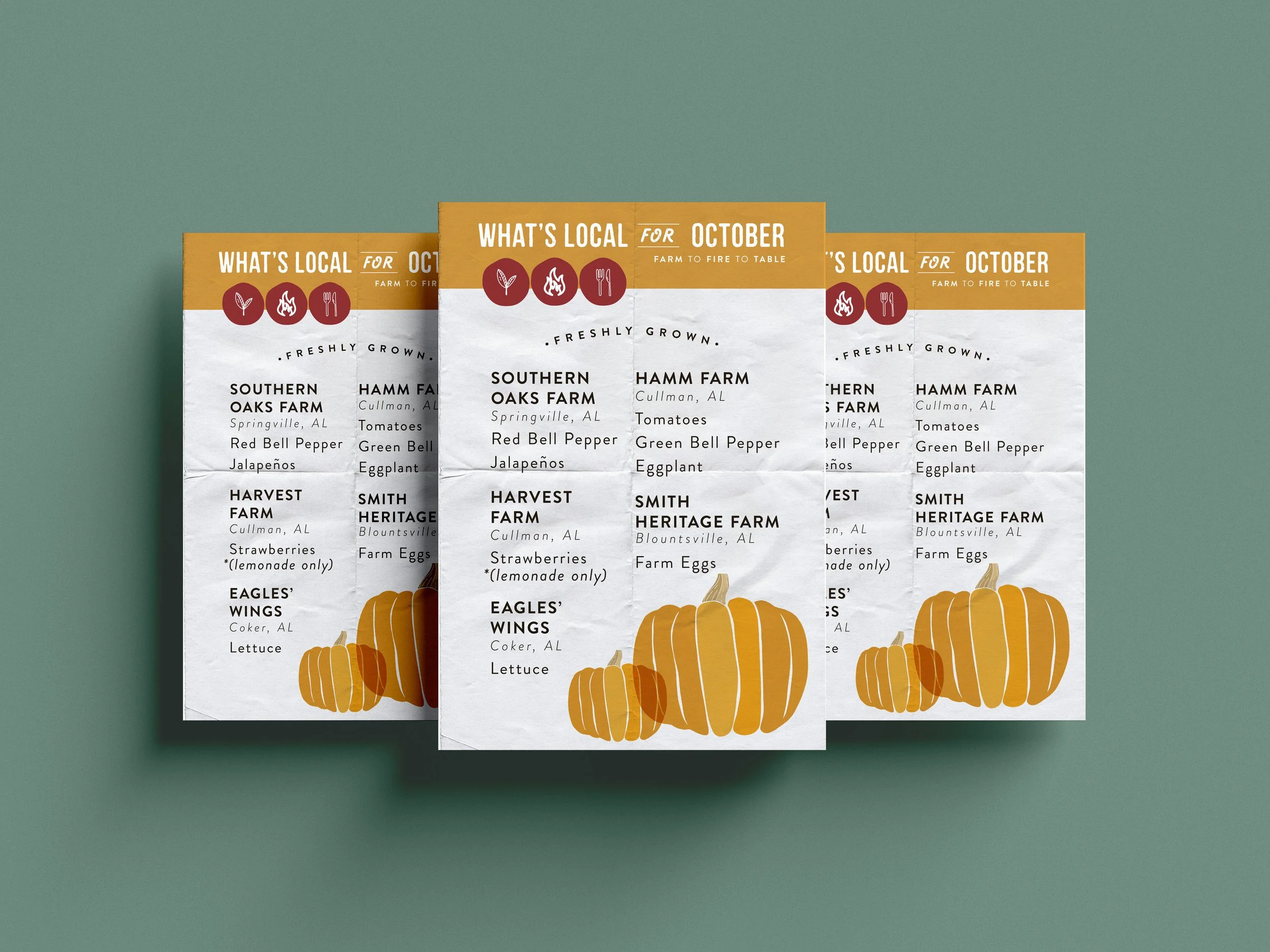 Three identical farm produce flyers with orange pumpkins illustrations, promoting October local farms and their produce, including tomatoes, peppers, strawberries, eggs, and lettuce.