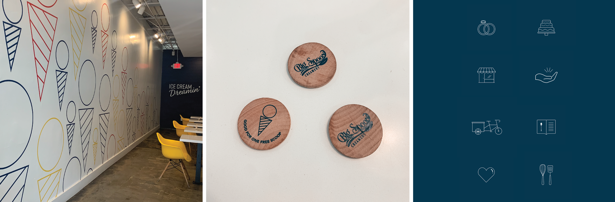 Inside an ice cream shop with wall art of colorful ice cream cones, tables with yellow chairs, and wooden coasters on a white counter, some with the Big Spoon Creamery logo and one with the phrase "Good for one free scoop".