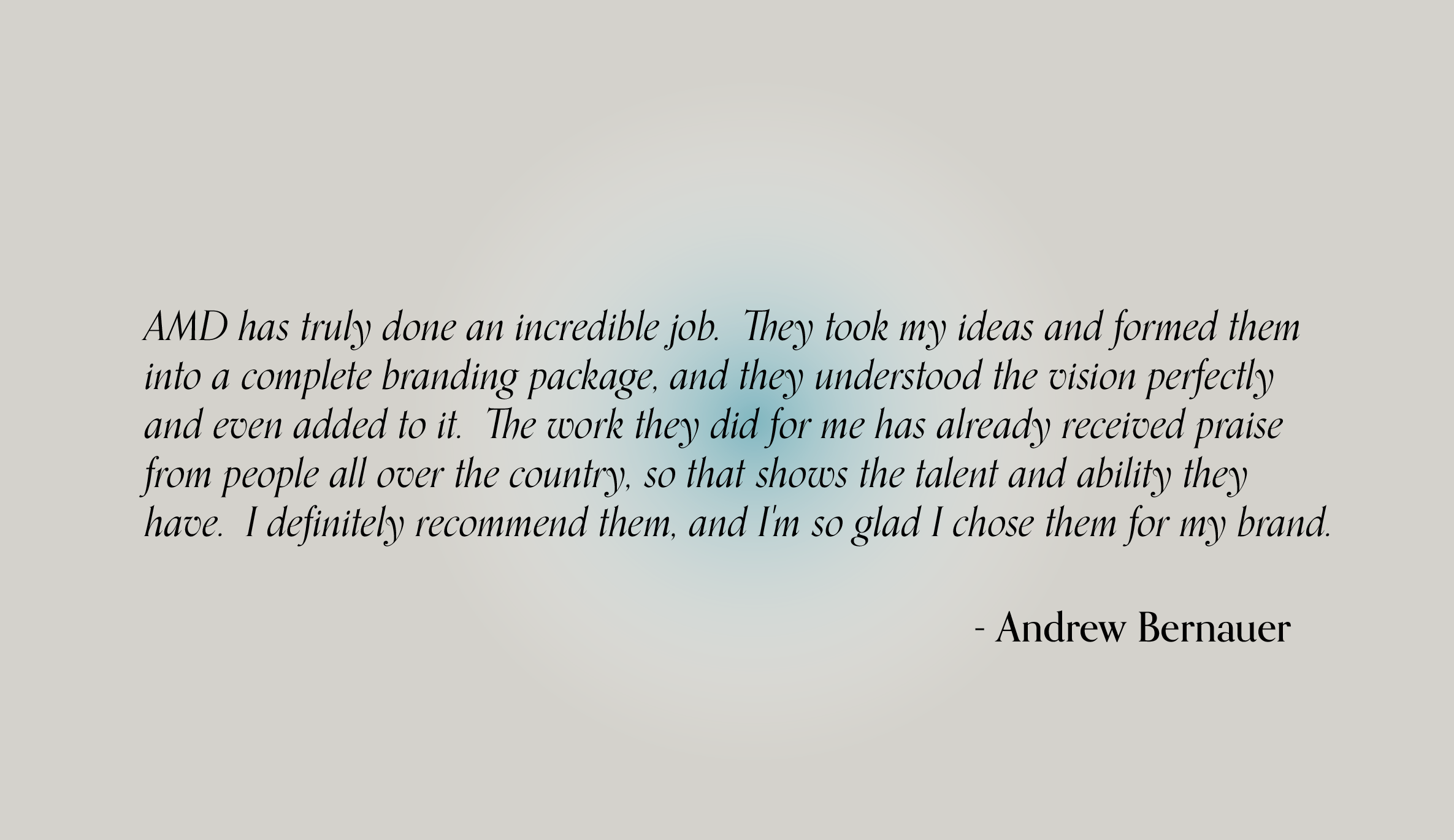 A quote by Andrew Bernauer about AMD's work on branding, with a light gradient background.